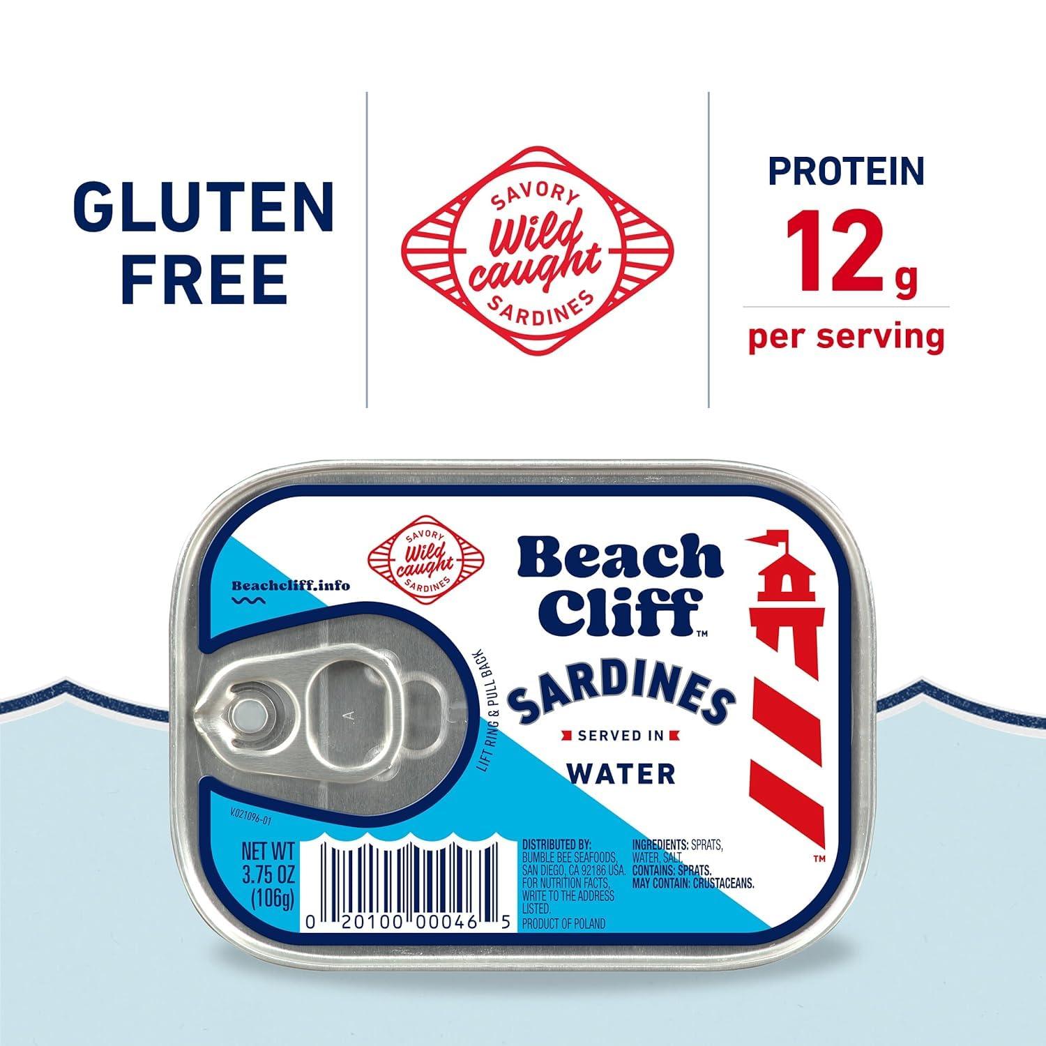 Beach Cliff Beach Cliff Sardines in Water, 3.75 oz Can - Wild Caught Sardines - 12g Protein per Serving - Gluten Free, Keto Friendly (Pack of 6)
