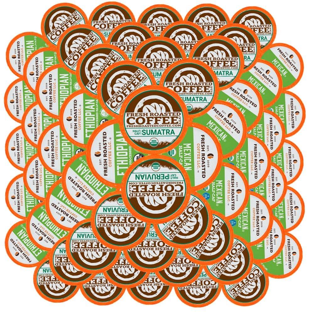 Fresh Roasted Coffee Fresh Roasted Coffee, Organic Half-Caf Variety Pack 96 Pods for K Cup Brewers