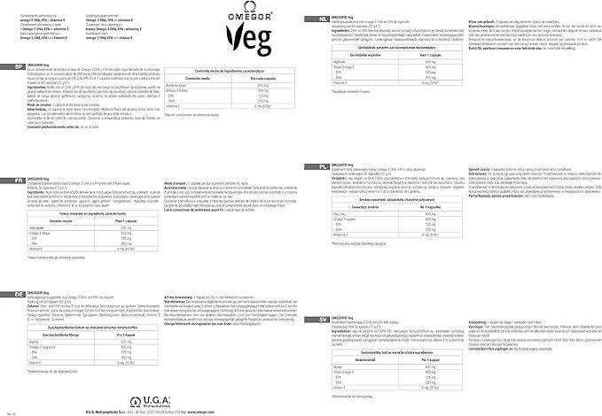 OMEGOR Omegor Veg Omega-3 Vegan (60 Capsules) Plant-Based Omega-3 Derived from Algal Oil, Enriched with Vitamin E Contains 250mg DHA and 125mg EPA per Capsule IFOS and Vegan Society Certified