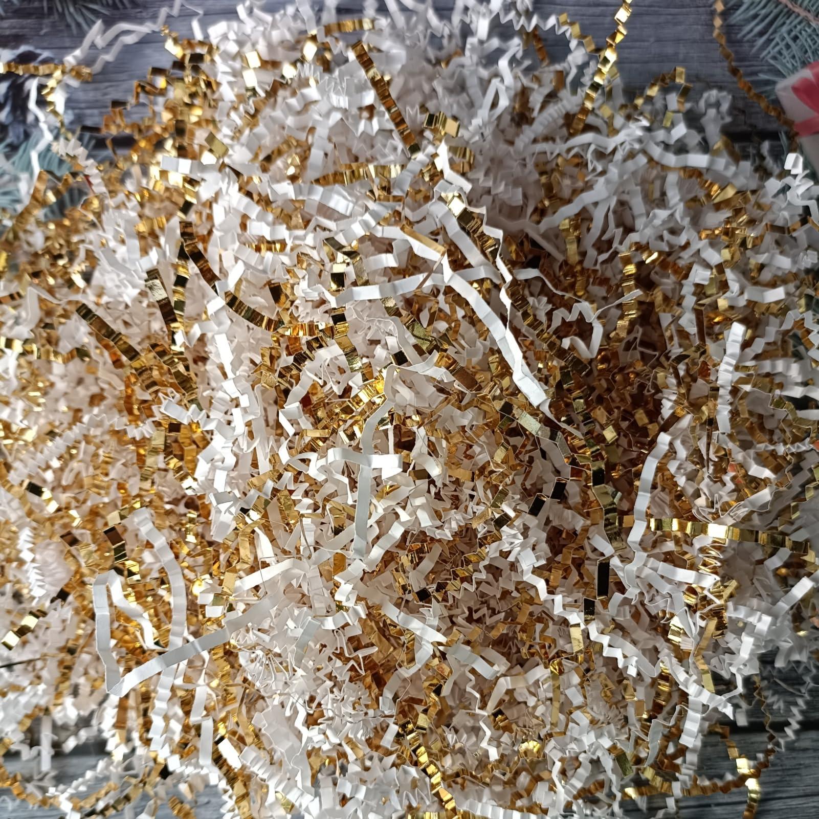 MGOHNACL 4OZ Crinkle Cut Paper Shredded Paper for Gift Box Baskets Filler, White and Gold Crinkle Cut Paper Shred Filler Confetti for Packaging