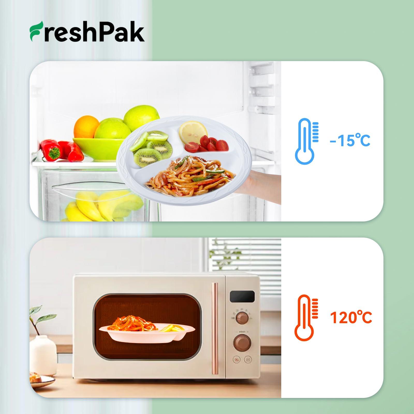FRESHPAK FRESHPAK White Plastic Plates, Reusable 9 Inch 3 Compartment Dinner Plates Heavy Duty Microwave Safe Plates Convenience Elegance MFPP Party Plates