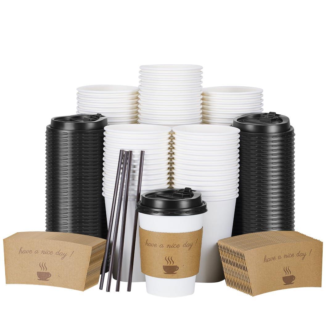 BYSNOW BYSNOW 100 pack 12 oz Disposable Thickened Coffee Cups with Lids, Scald Resistant Hot Cups with Sleeve and Straw, To Go Coffee Cups for Home, Office, Cafes and Party (White 12oz)