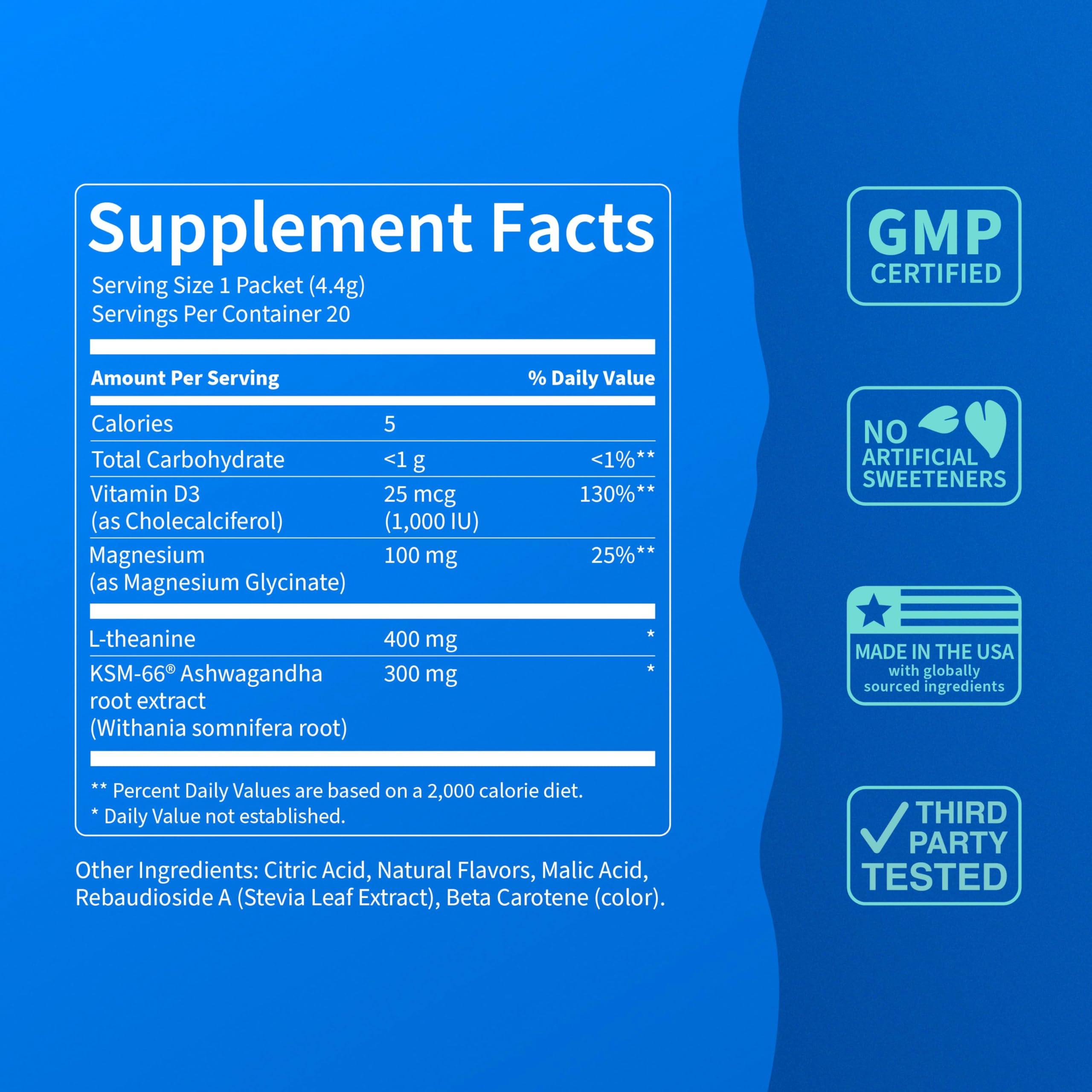 Nello Nello Supercalm Powdered Drink Mix, Tropical Tangerine, L Theanine, Ksm-66 Ashwagandha, Magnesium Glycinate, Vitamin D 3, Supplements for Relaxation & Focus, Natural, No Sugar, Non GMO, 20 Srvg