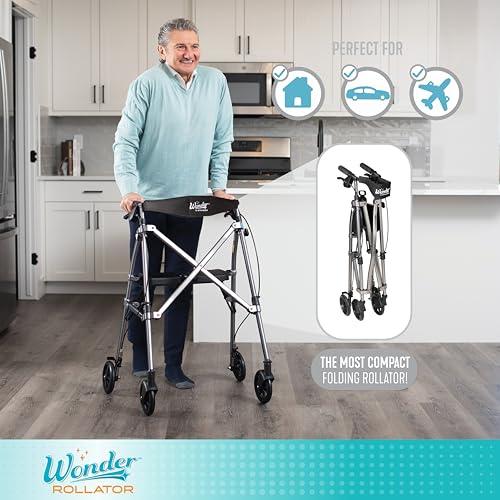 Stander Stander Wonder Rollator Short, Lightweight Junior Folding-Walker for Seniors and Adults, Travel Space-Saver-Rollator, Petite Four Wheel Walking Aid with Seat, Vivid White