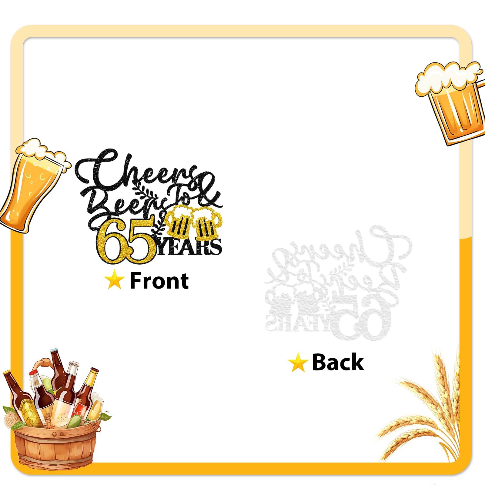 MAONICA Cheers & Beers to 65 Years Cake Topper, Gold&Black Glitter Happy 65th Birthday Cake Topper for Men, Beer Sign Cheers To 65 Years Cake Decor, Happy 65th Anniversary Party Decoration