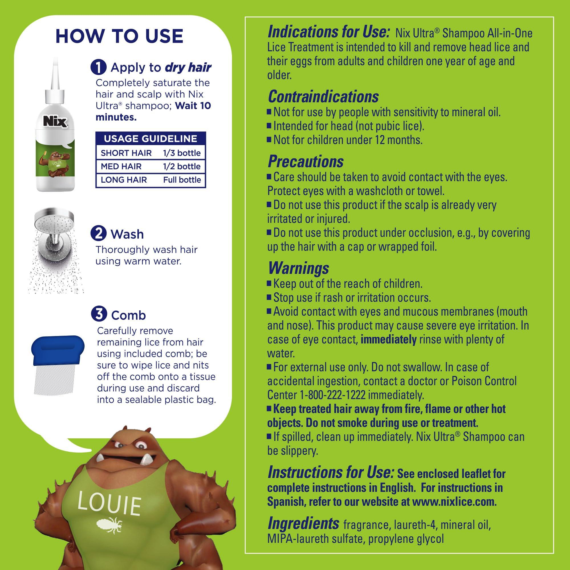 Nix Nix Ultra Superlice Treatment, All-in-One Shampoo, 4 Fl Oz & Lice Removal Comb