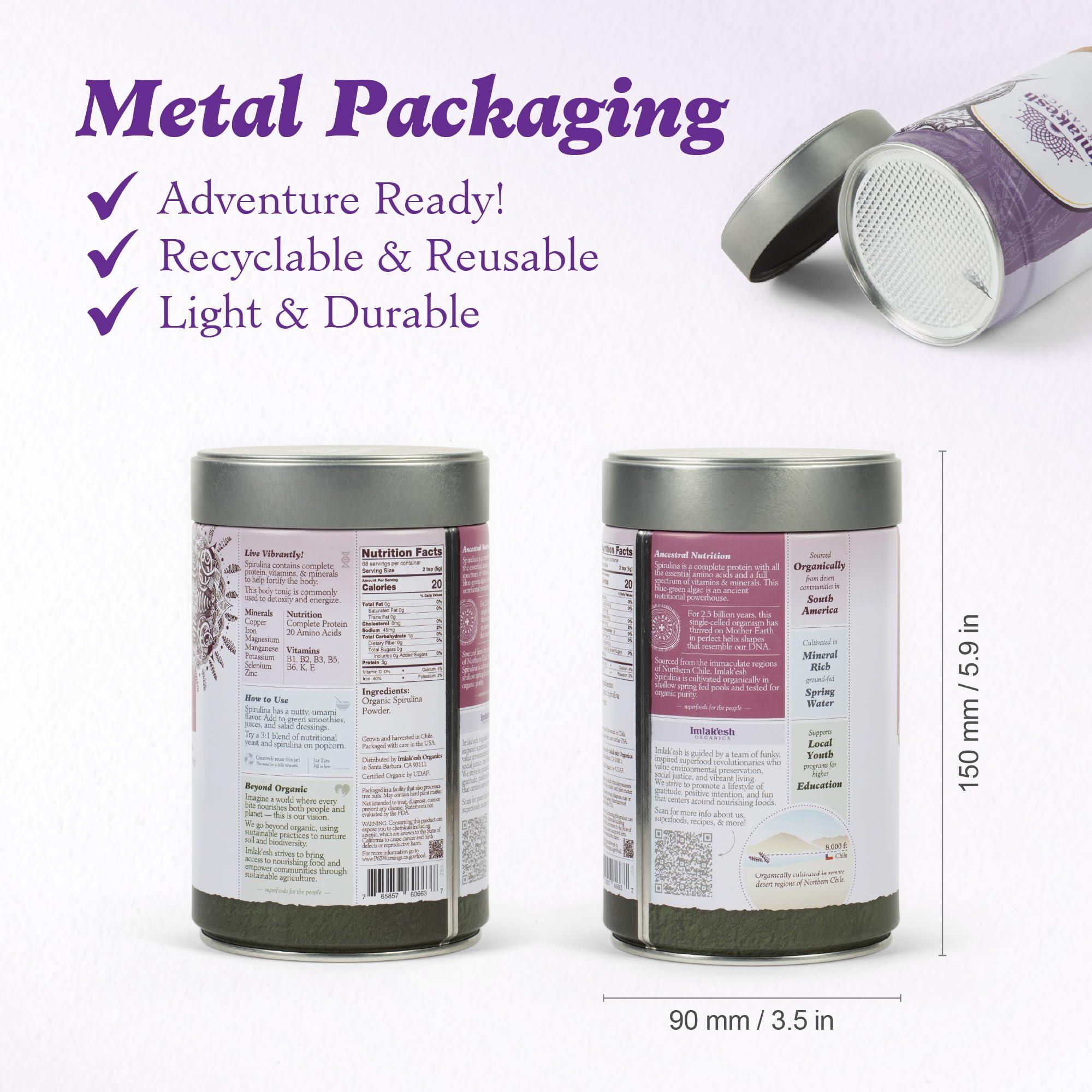 Imlak'esh Organics Imlakesh Organics - Organic Spirulina Powder - Blue-Green Algae Powder - Superfood with Protein and Antioxidants - Vegan, Non-GMO, and Gluten Free (14oz Glass Jar)