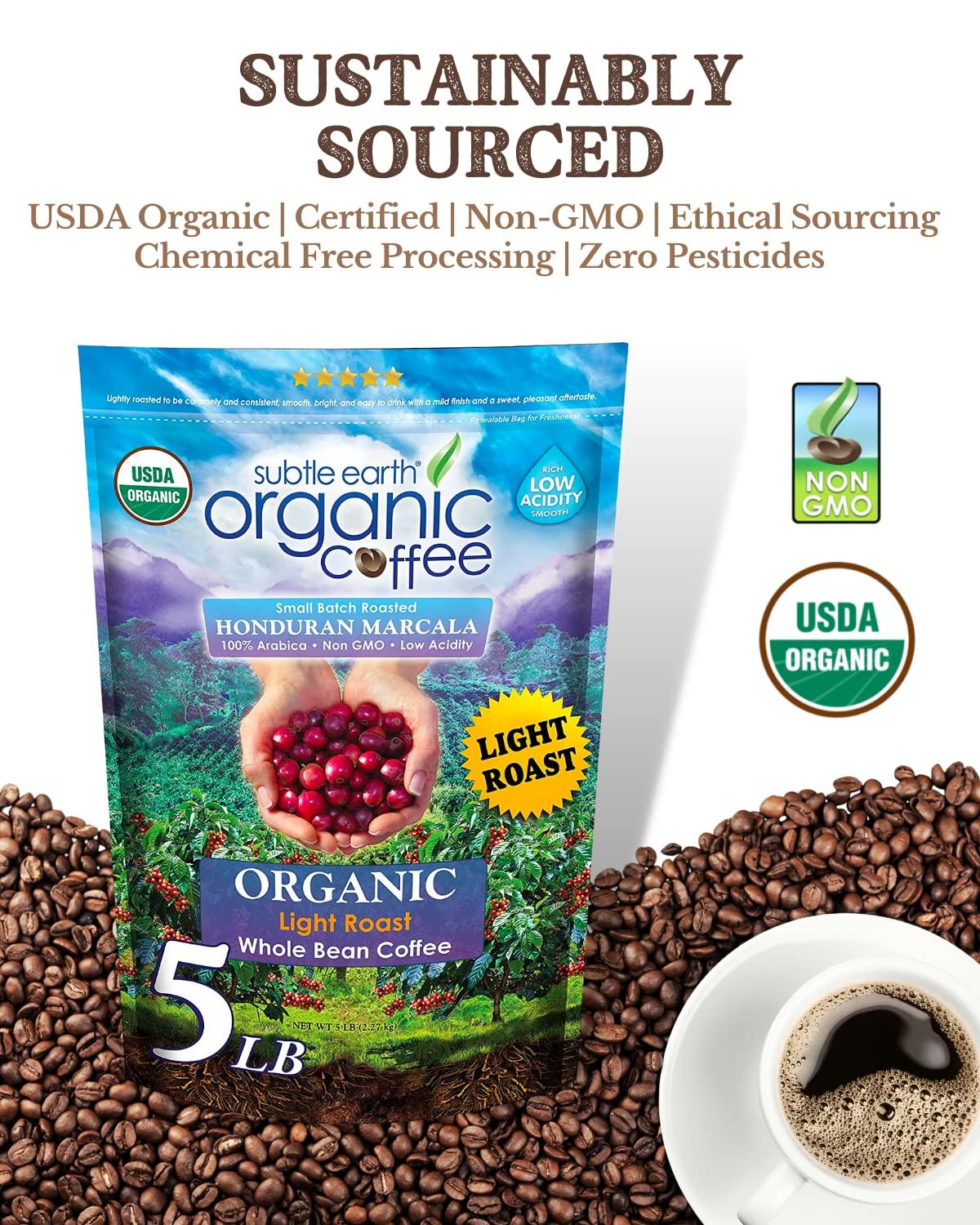 Cafe Don Pablo Subtle Earth Organic Coffee - Light Roast - Whole Bean Coffee - 100% Arabica Beans - Low Acidity and Non-GMO - 5lb bag