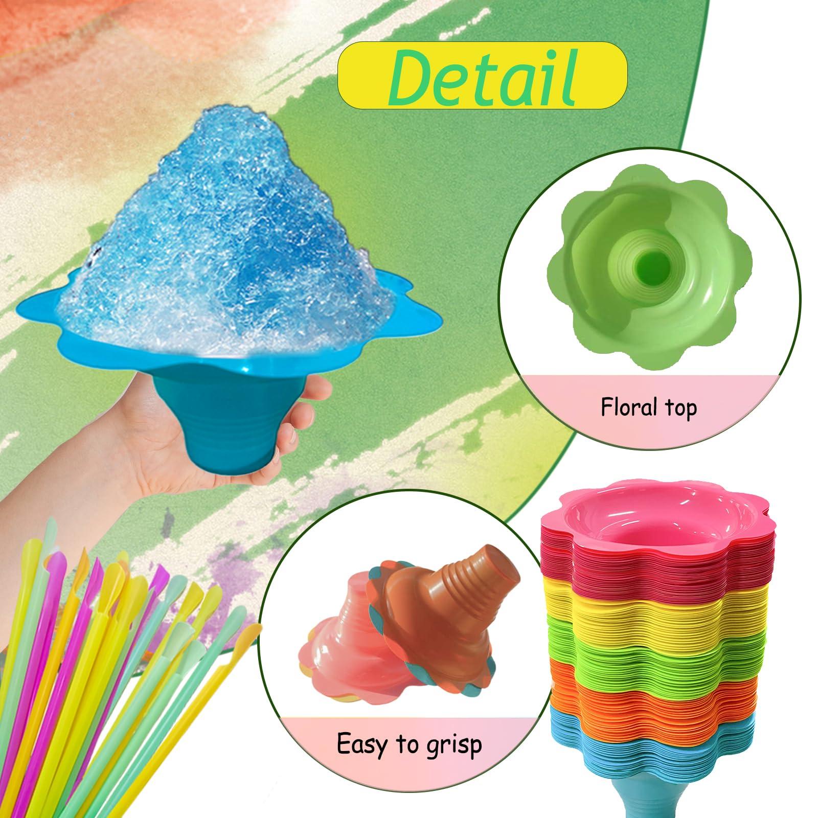 Szsrcywd Szsrcywd 200Pcs 4oz Colorful Snow Cone Cups with Spoon Straws,Flower Shaped Ice Cream Snacks Cup Reusable Plastic Bowls Easy Grip for Kids Birthday Summer Holiday Party