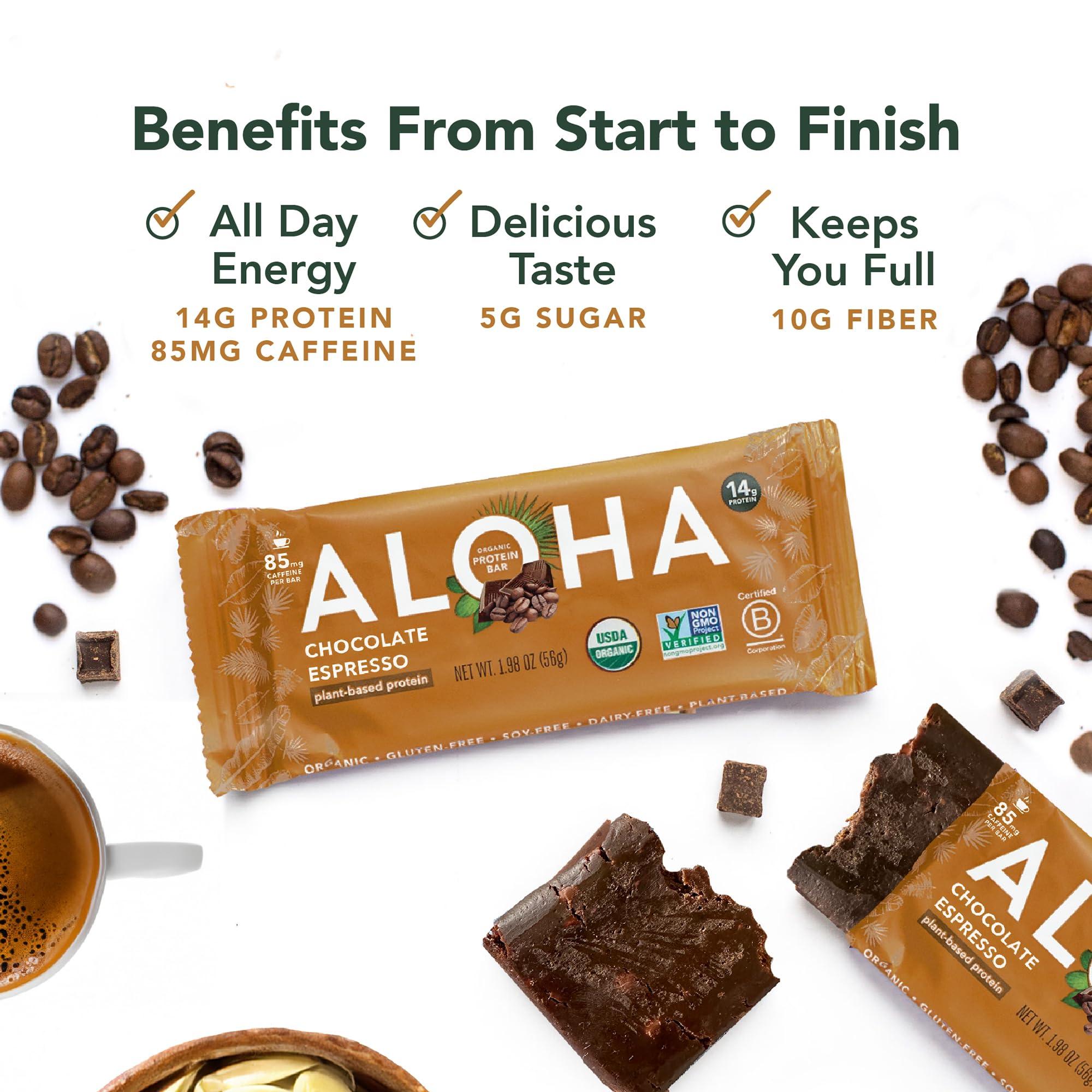 ALOHA ALOHA Organic Plant Based Protein Bars - Chocolate Espresso (85mg Caffeine) - 12 Bars, Vegan, Low Sugar, Gluten-Free, Paleo, Low Carb, Non-GMO, No Stevia, No Erythritol