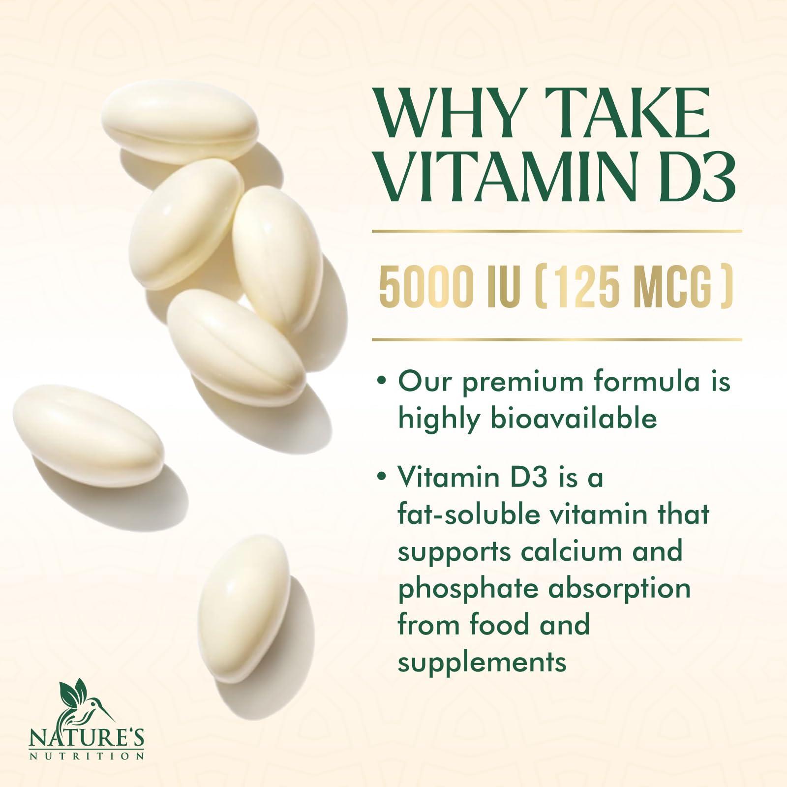 Nature's Nutrition Vitamin D3 Supplement 5000iu (125 mcg) - High Potency Vitamin D Dietary Supplement for Bone, Teeth, Muscle and Immune Health Support - Rapid Absorption D3 Softgel, Non-GMO, Gluten Free - 60 Softgels