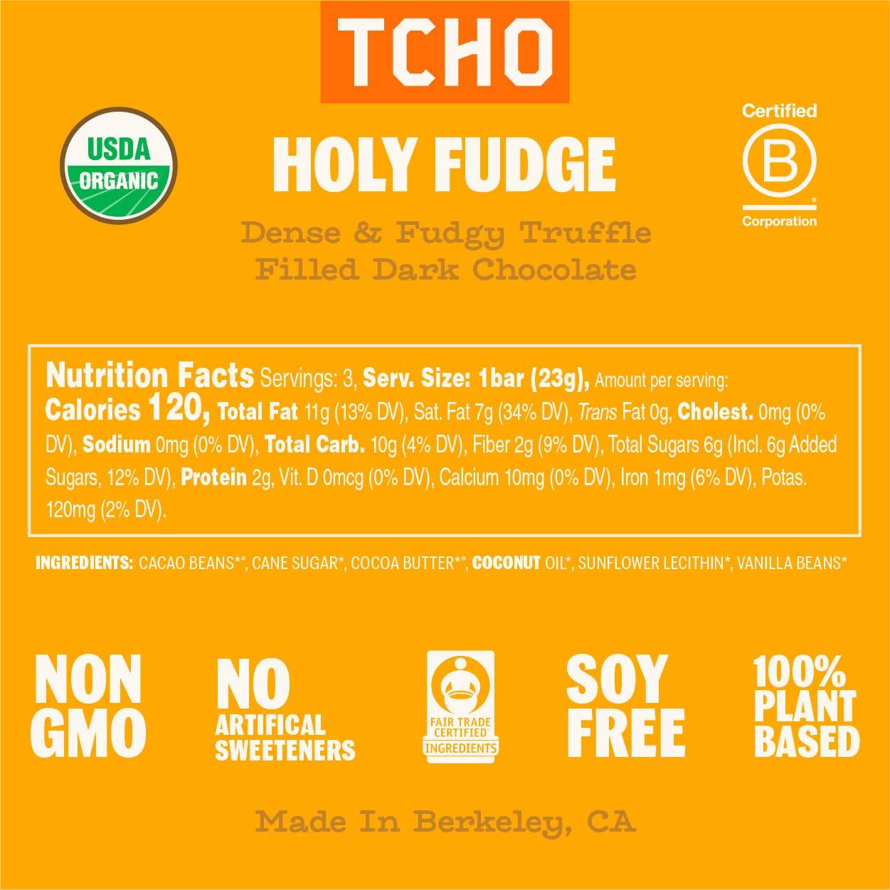 TCHO TCHO Holy Fudge Dark Chocolate Bars (3 pack) | Single Origin, Plant Based, Organic & Fair Trade, | Non GMO, Non-Dairy, Vegan, Soy Free (2.5oz each)