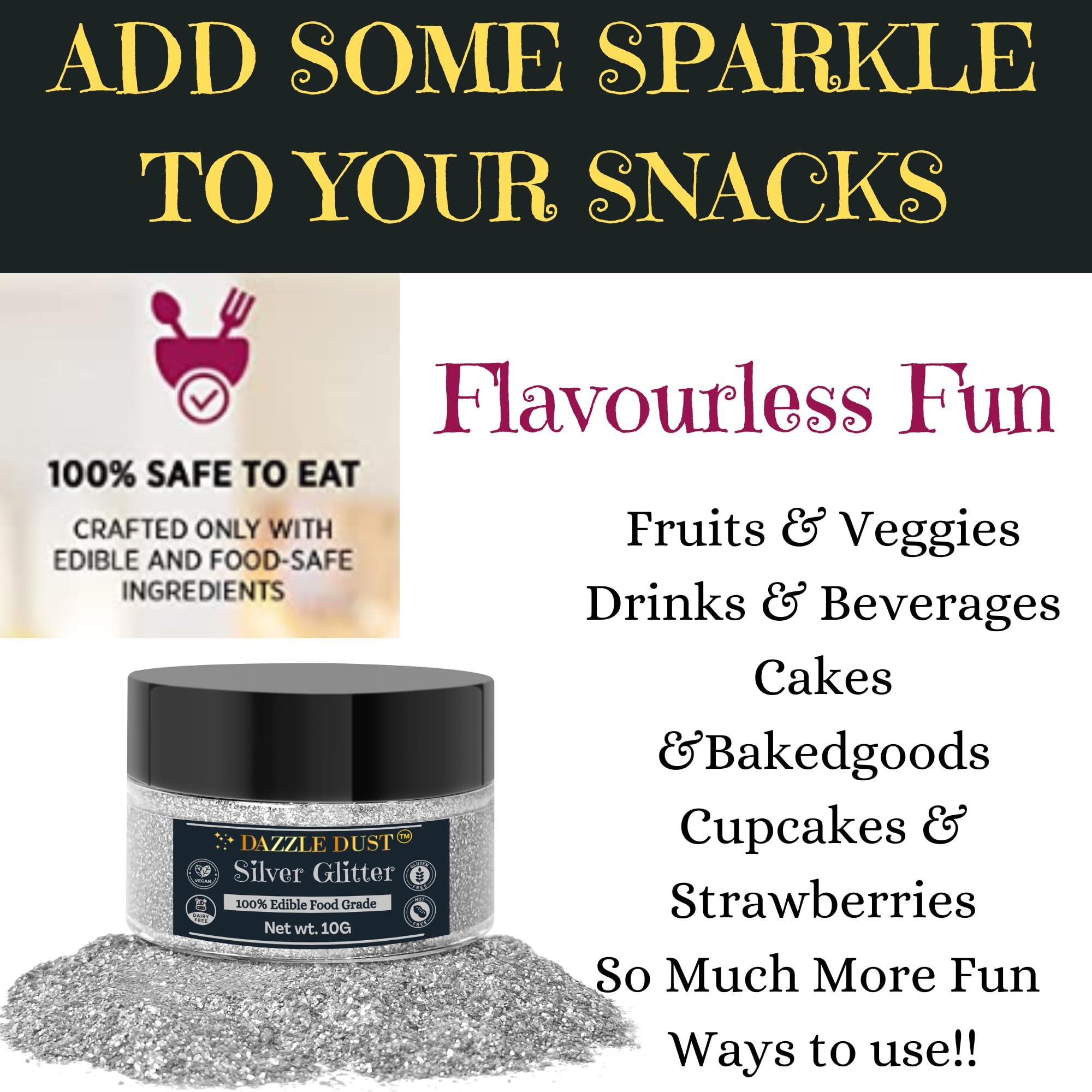 DAZZLE DUST (BULK10g) Silver Edible Glitter For Drinks, Silver Luster Dust Edible Glitter For Cakes, Silver Sprinkles For Cake Decorating, Edible Cake Decorations Drink Glitter 100% Food Safe, Vegan, Gluten Free