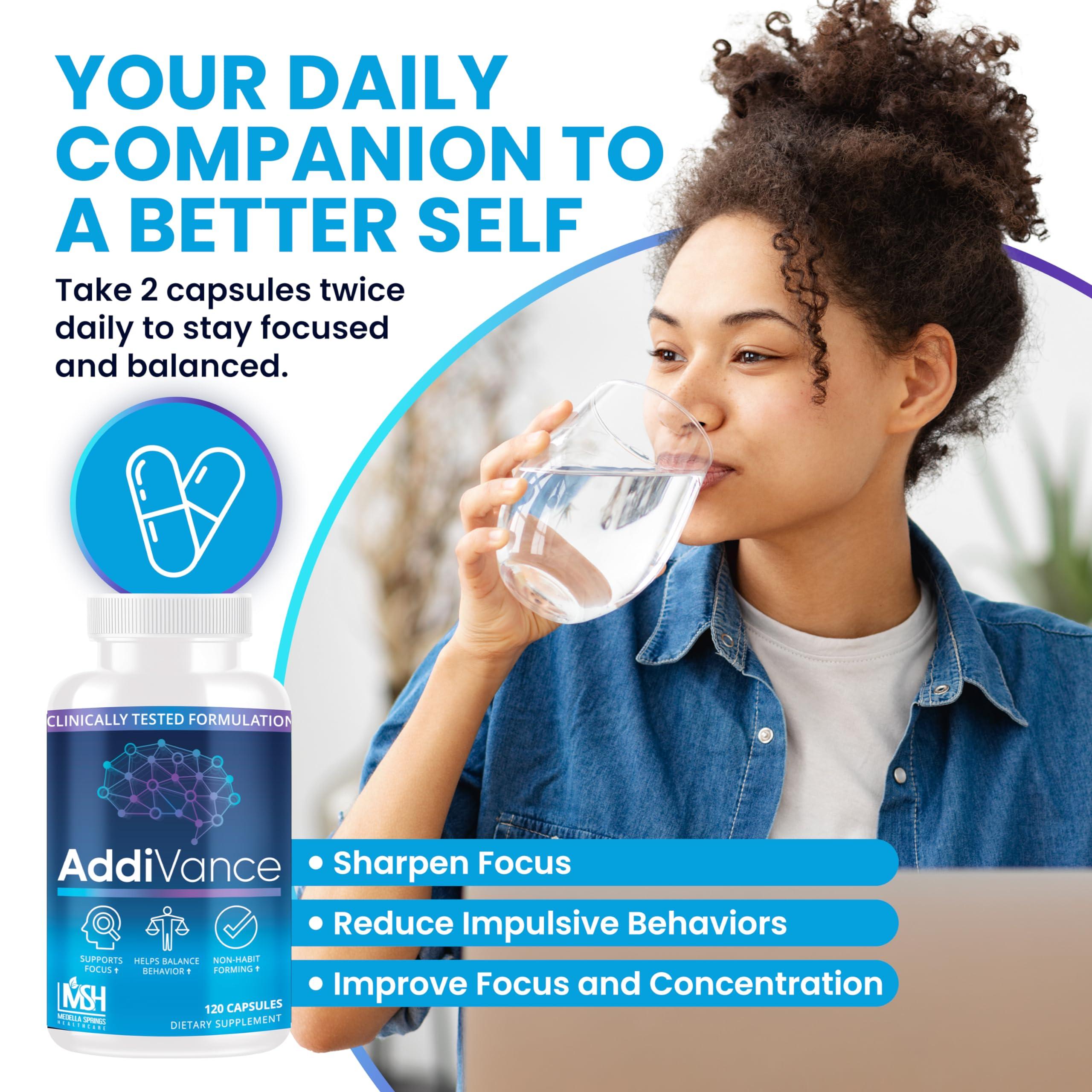 Medella Naturals AddiVance 120 Caps - Natural Brain Support Supplement for Enhanced Focus, Memory, & Balanced Behavior - Clinically Proven Non-Habit Forming Brain Supplement - Formulated by Medical Professionals