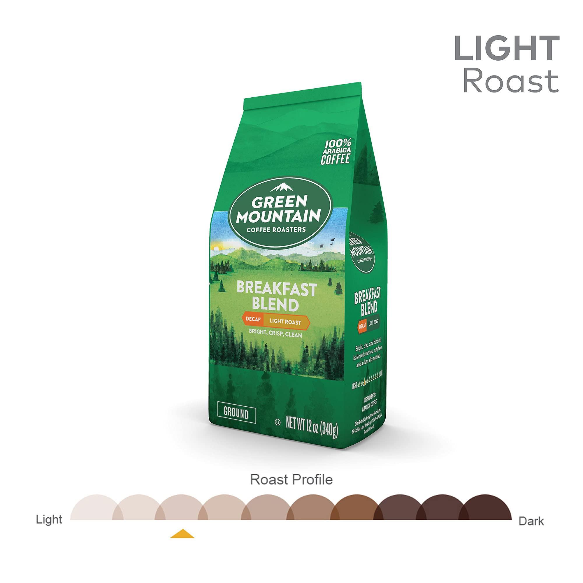 Green Mountain Coffee Roasters Green Mountain Coffee Roasters, Breakfast Blend Decaf, Ground Coffee, Decaffeinated, Light Roast, Bagged 12oz. (Pack of 2)