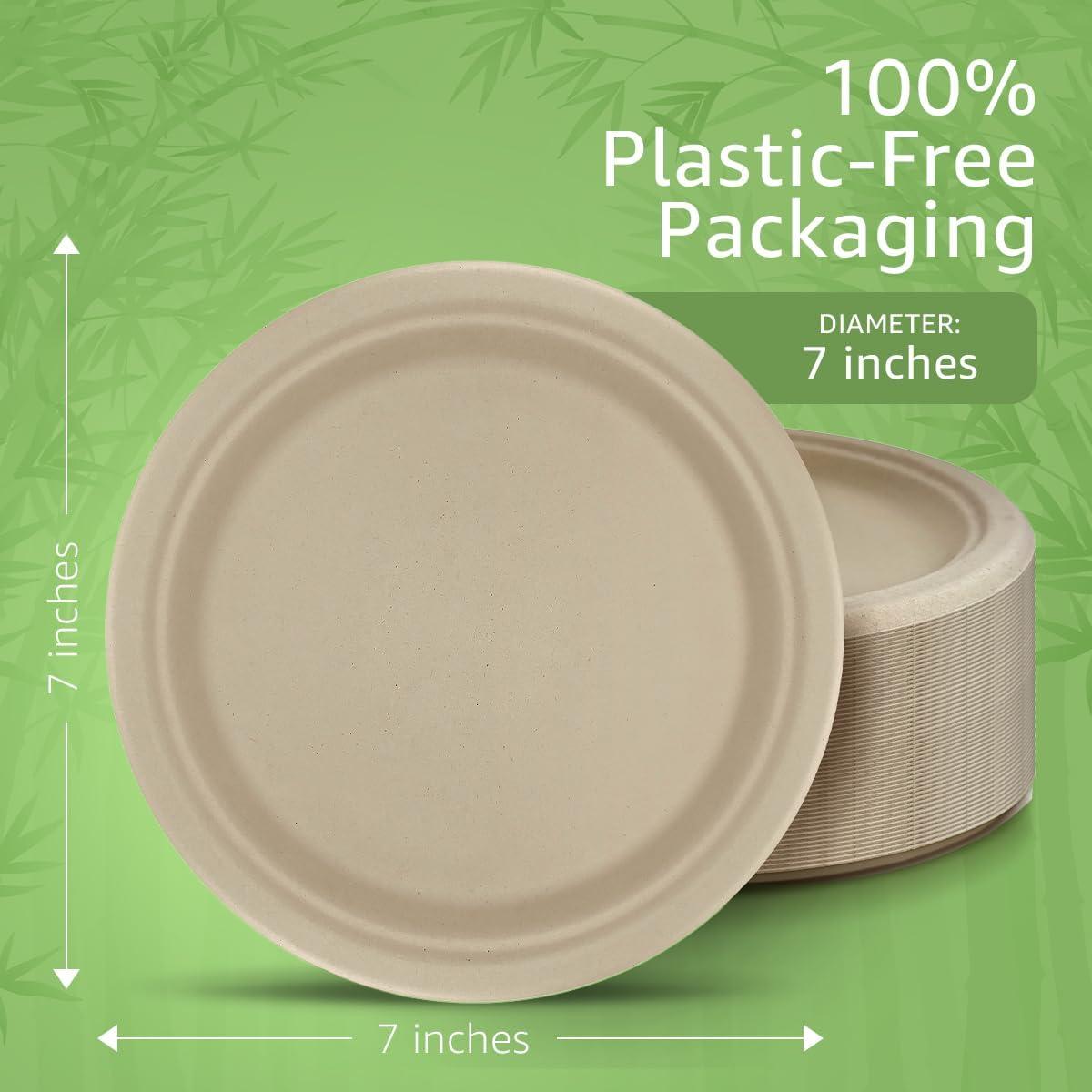 ibambo ibambo 500 Pack Disposable Bamboo Paper Plates (7 inch) - Sturdy & Heavy Duty | PFAS Free, Biodegradable & Compostable | Microwave Safe, FSC Certified Alternative to Plastic