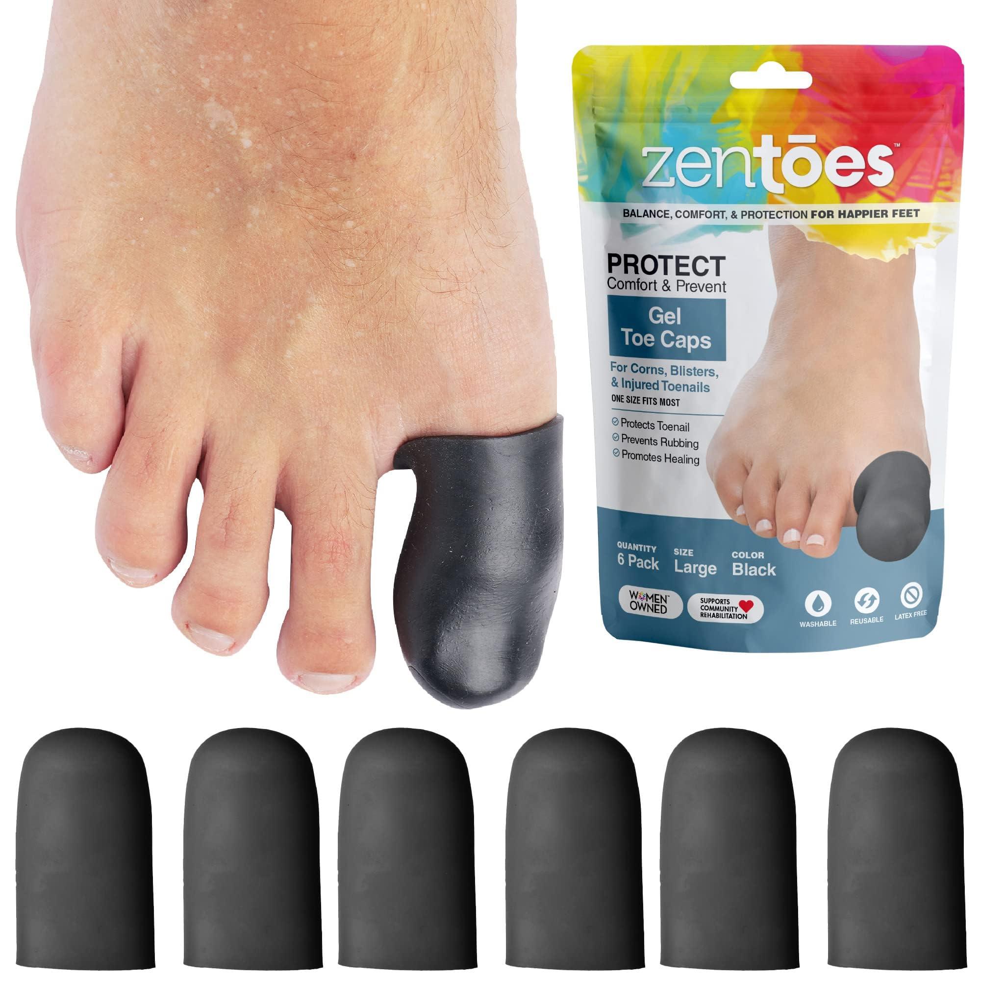 ZenToes ZenToes 6 Pack Gel Toe Cap and Protector - Cushions and Protects to Provide Relief from Missing or Ingrown Toenails, Corns, Blisters, Hammer Toes (Large, Black)