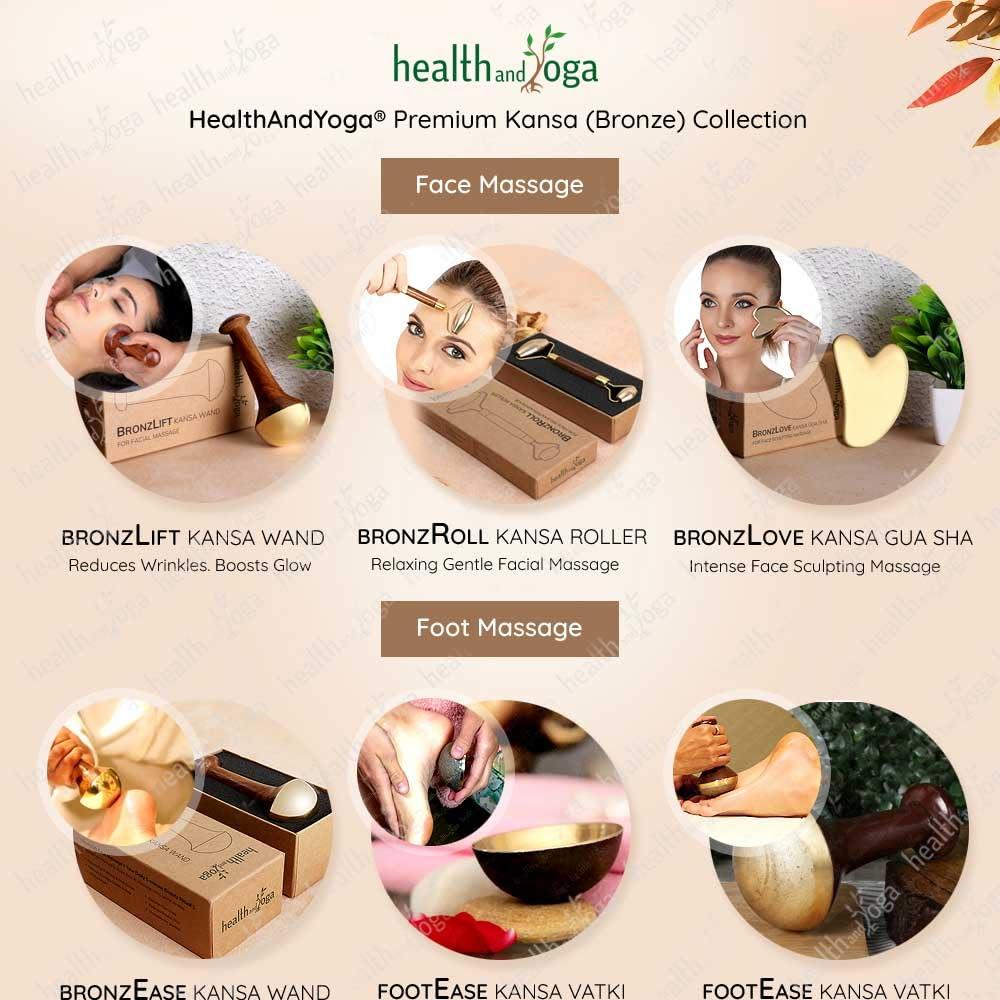 SoulGenie HealthAndYoga BronzLift Kansa Wand - Both Side Bronze Cap - Added Beauty Face Oil Vial - Ayurveda Face Yoga Beauty Tool - Facial, Neck & Under-Eye Massage Toning and Sculpting (Double Dome)