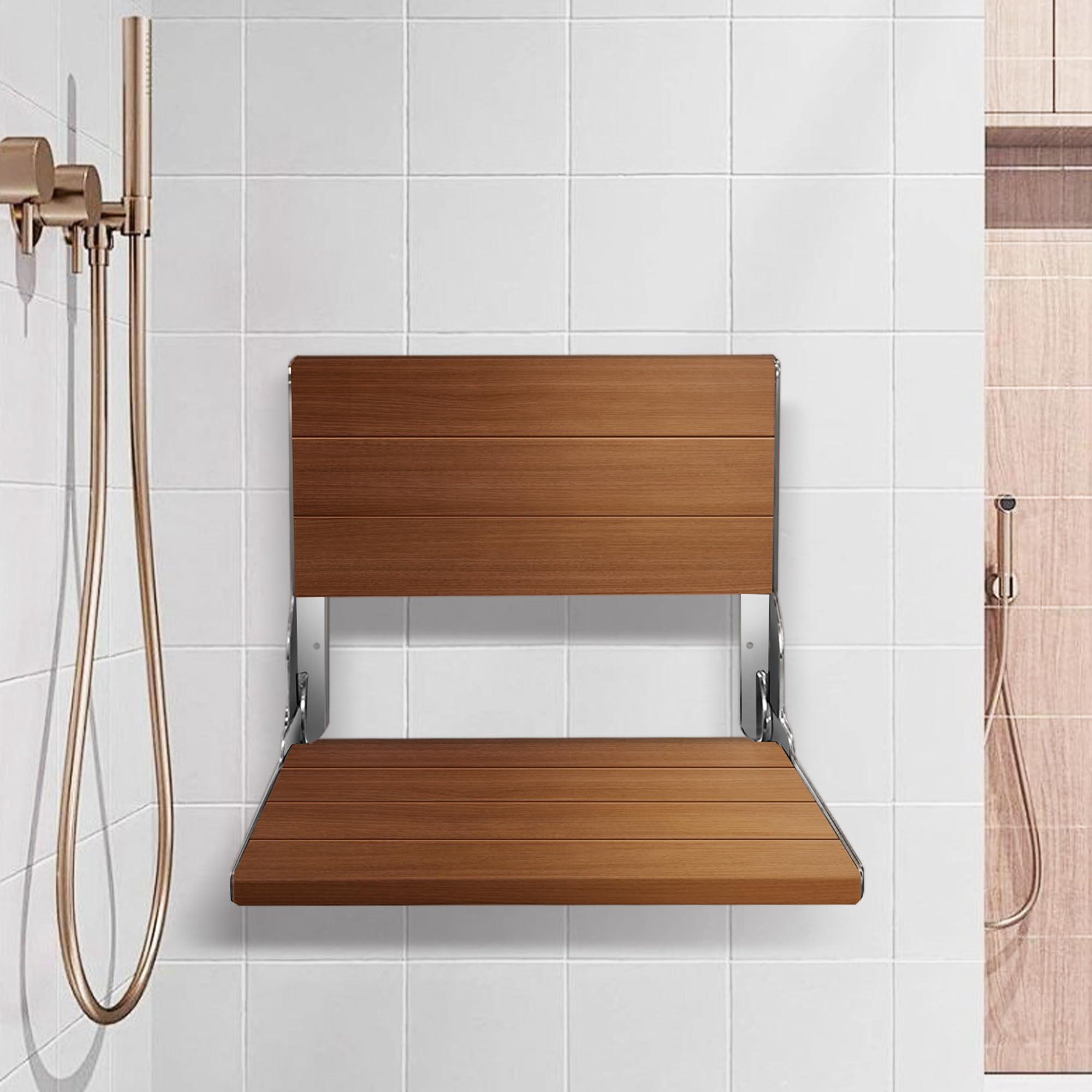 koretech Teak Shower Bench 20'', Folding Shower Chair Wall Mounted, Wood Folding Shower Seat, Teak Shower Bench for Inside Shower, 500 lbs Capacity, Silver