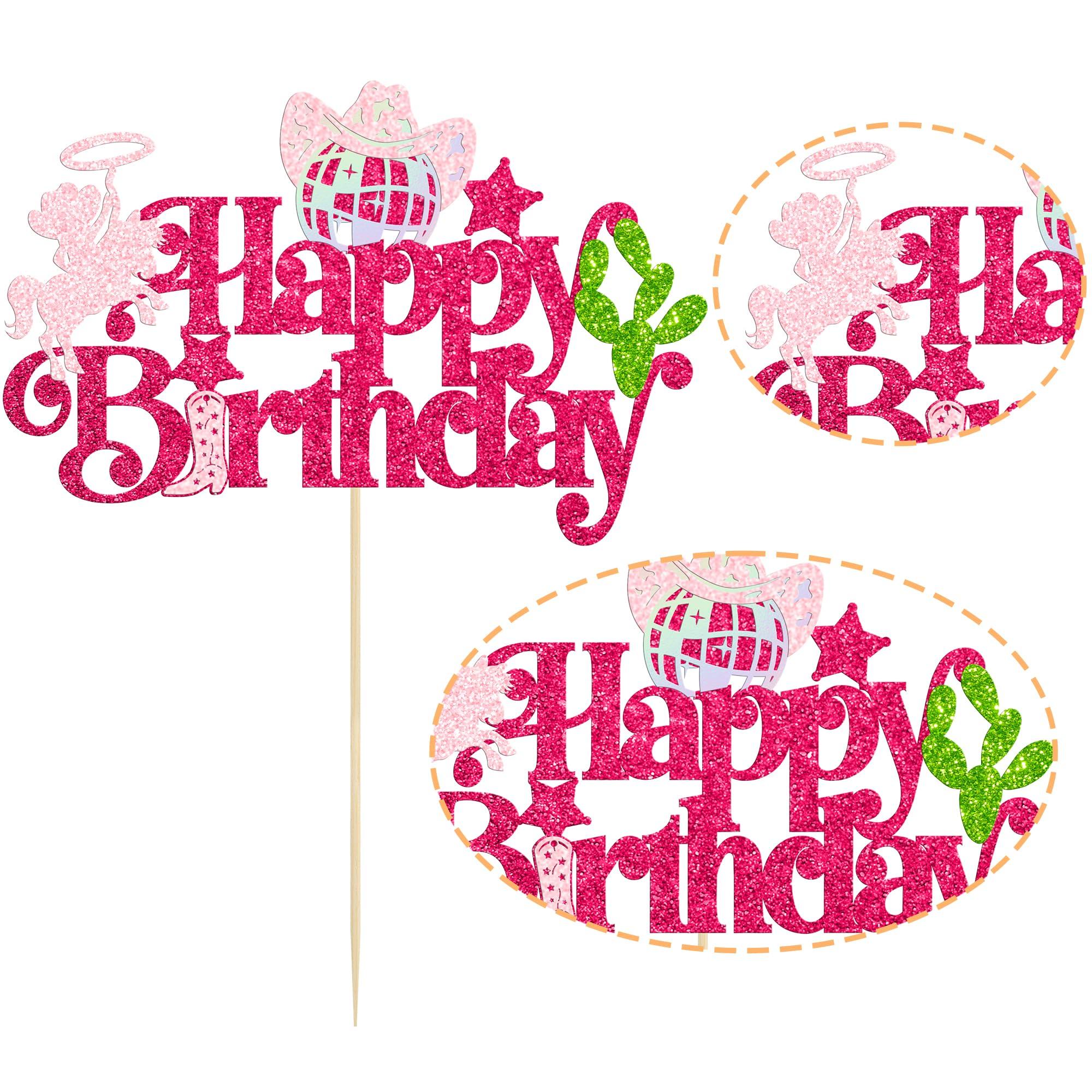 Ephlyn Ephlyn 1Pc Cowgirl Happy Birthday Cake Topper Glitter Western Cowgirl Birthday Cake Pick Hat Boot Disco Cowgirl Cake Decoration for Cowgirls Theme Women Birthday Party Decorations Supplies Pink