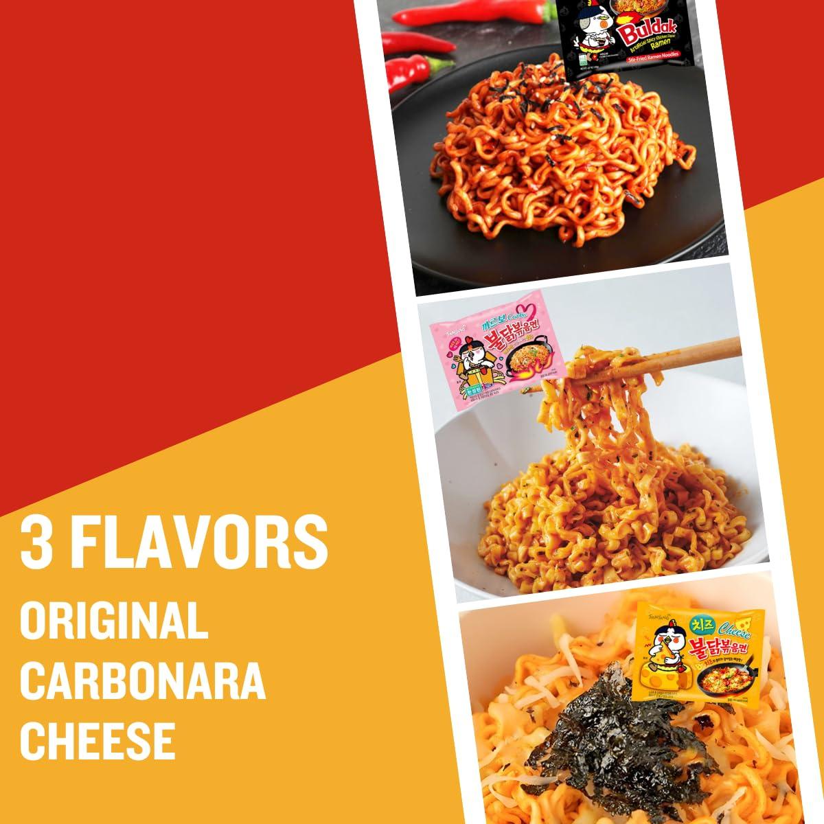 UNHA\'S ASIAN SNACK BOX Hot Chicken Buldak Ramen 3 Flavor with Korean Rice Cake Tteokbokki Stick - Rapokki Stir Fried Ramen Noodle with Tteokbokki Carbonara, Cheese, Original Spicy