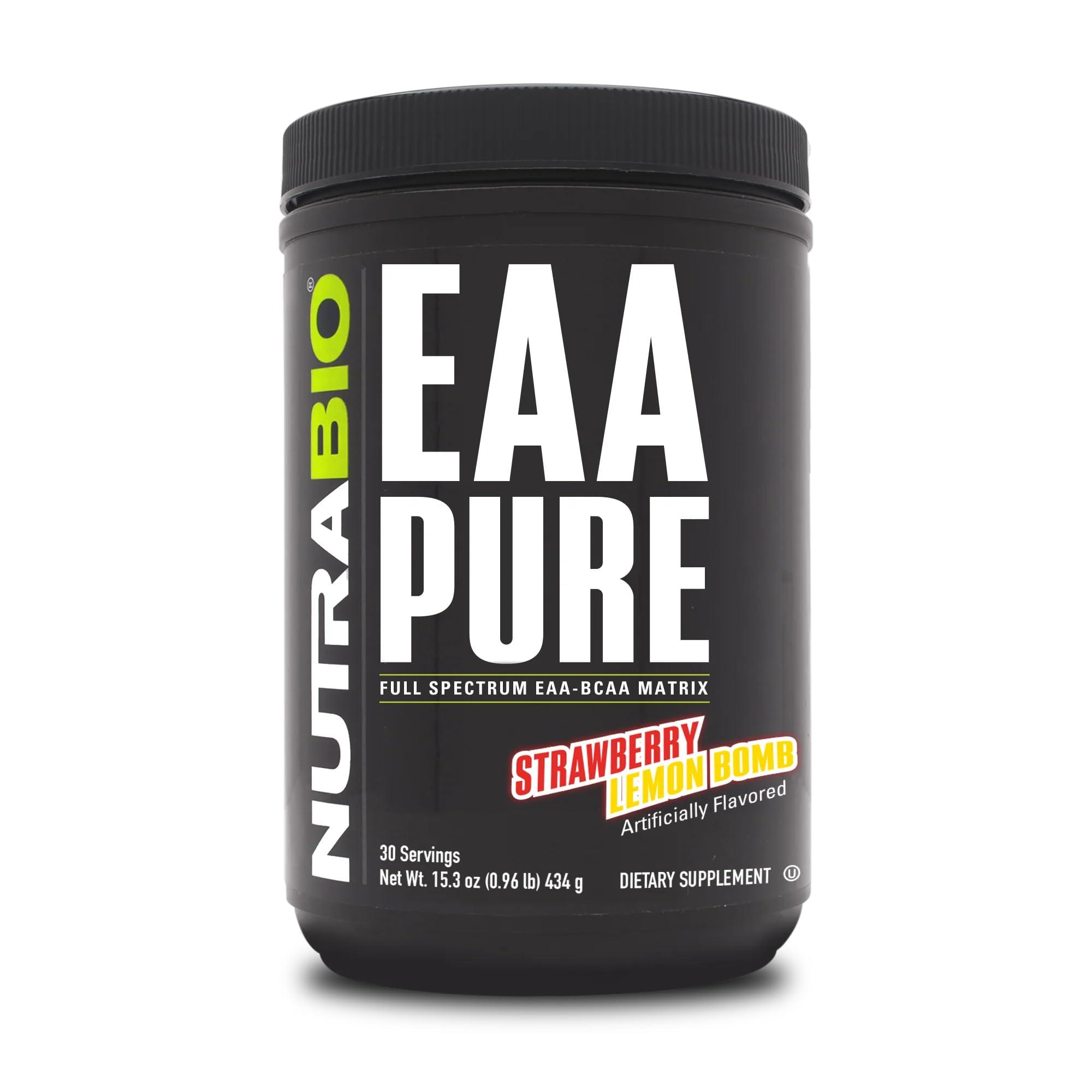 NutraBio NutraBio EAA Pure 9 Amino Acids Muscle Repair and Recovery, 30 Servings, Strawberry Lemon Bomb Pre or Post Workout All Day Recovery