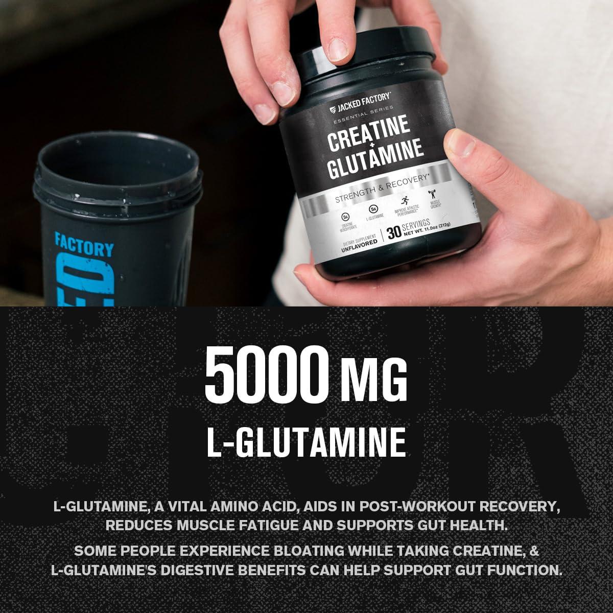Jacked Factory Creatine + Glutamine - Creatine Supplement with L-Glutamine for Muscle Recovery, Muscle Growth, Increased Strength, Enhanced Energy Output, and Gut Health - 30 Servings, Unflavored