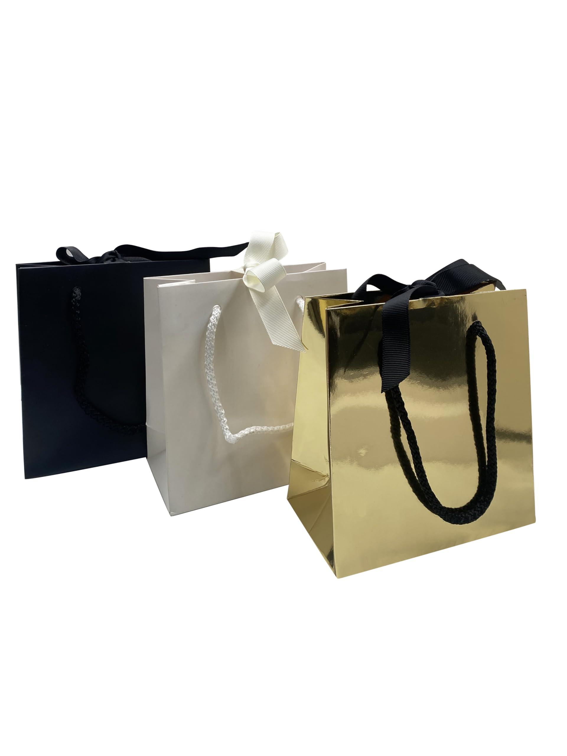 SHYRABBIT Gift Bags with Ribbon Handles Anti scratch Gift Wrap Bags 10 pack Shopping Bags 5.5x2.8x5.9Inch Paper Bags Small Business Bags Brithday Bags Wedding Bags Christmas and Holiday Bags Black