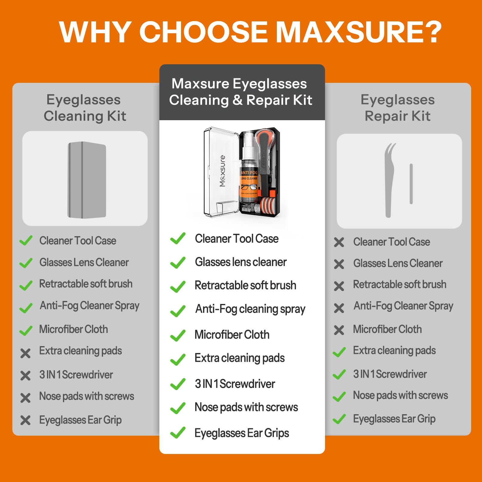 Maxsure Glasses Cleaner,8 in 1 Glasses Cleaning Kit with 24H Anti Fog Eyeglass Cleaner Spray| Portable Glasses Cleaner Tool|Eye Glass Clean Cloths, Glasses Anti Slip with Soft Eyeglass Nose Pads & Ear Grip