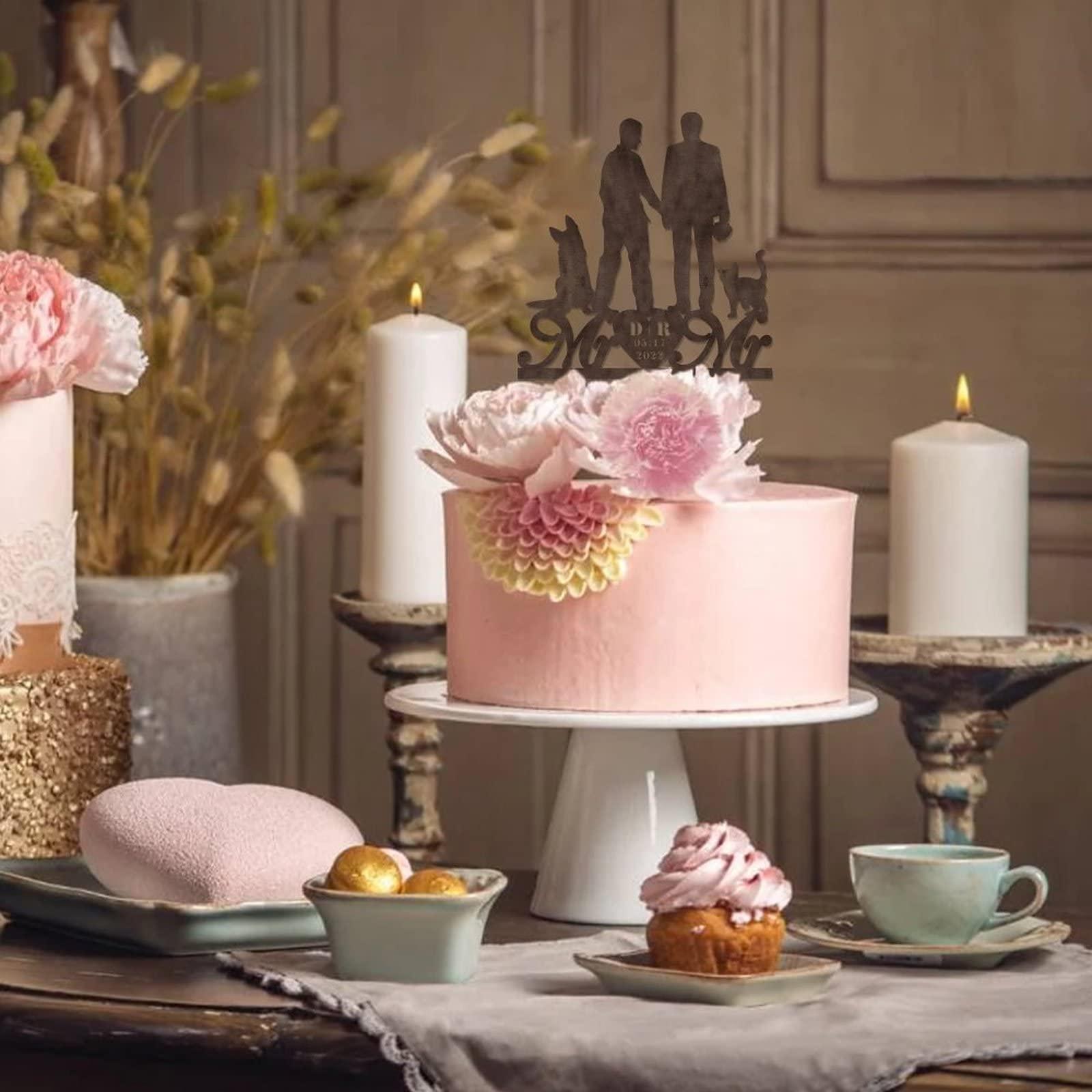 Mighun LGBTQ Wedding Cake Topper - Two Grooms - Gay Couple Standing with Dog Cake Topper Wedding/Aniversary /Engagement Gifts,Rustic Wood