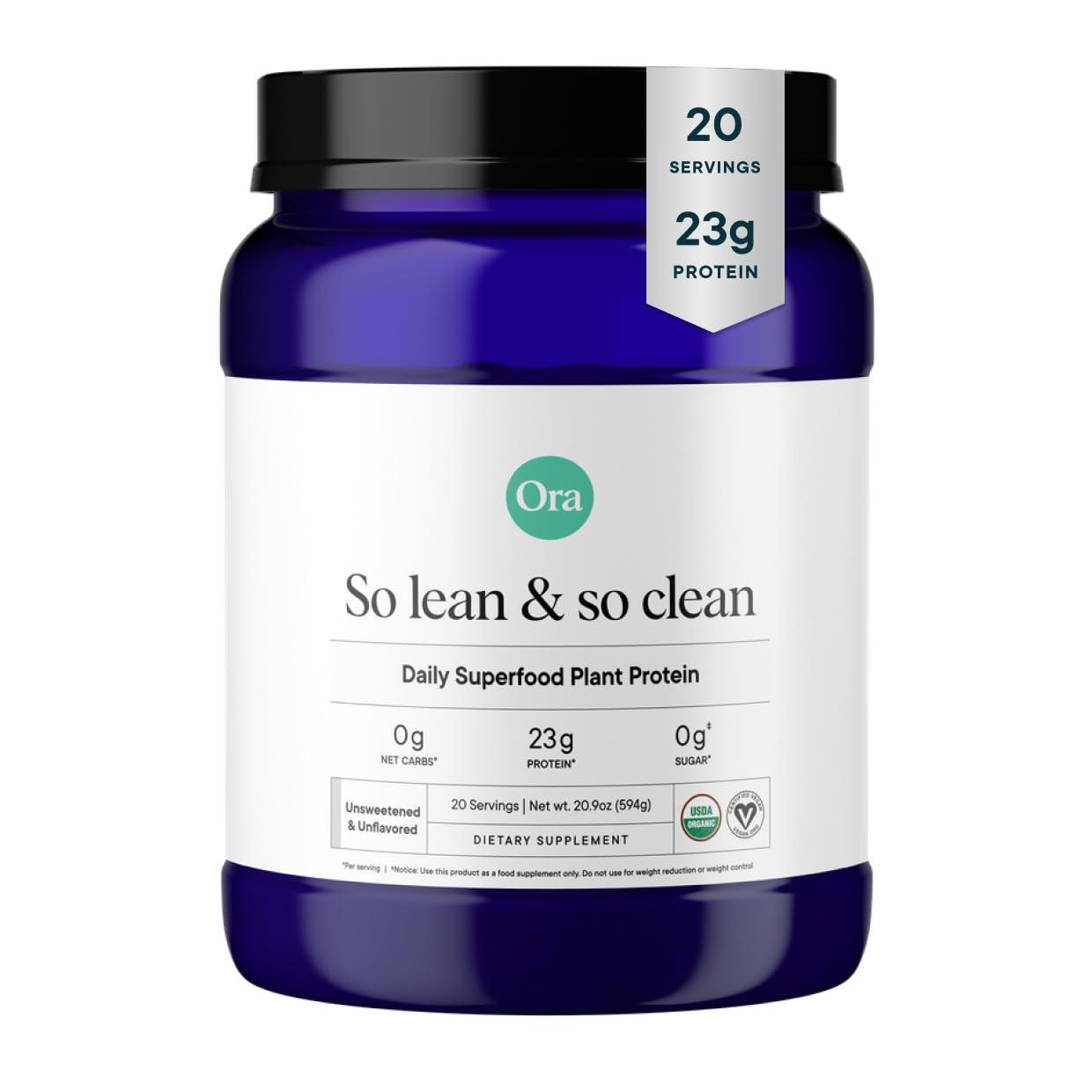 Ora Organic Ora Organic Vegan Protein Powder - 23g Plant Based Pea Protein + Superfood for Women and Men - Unsweetened 20 Servings, No Erythritol, Digestive Enzyme, Keto-Friendly, Gluten-Free, Paleo, Soy-Free