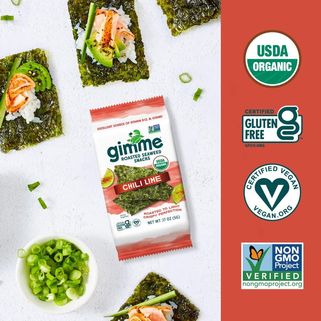 gimMe Gimme Seaweed Organic Premium Roasted Seaweed Snacks, Chili Lime, 6 Count, Keto, Vegan, Gluten-Free, Great Source of Omega3s and Iodine, Healthy On-The-Go Snack for Kids and Adults