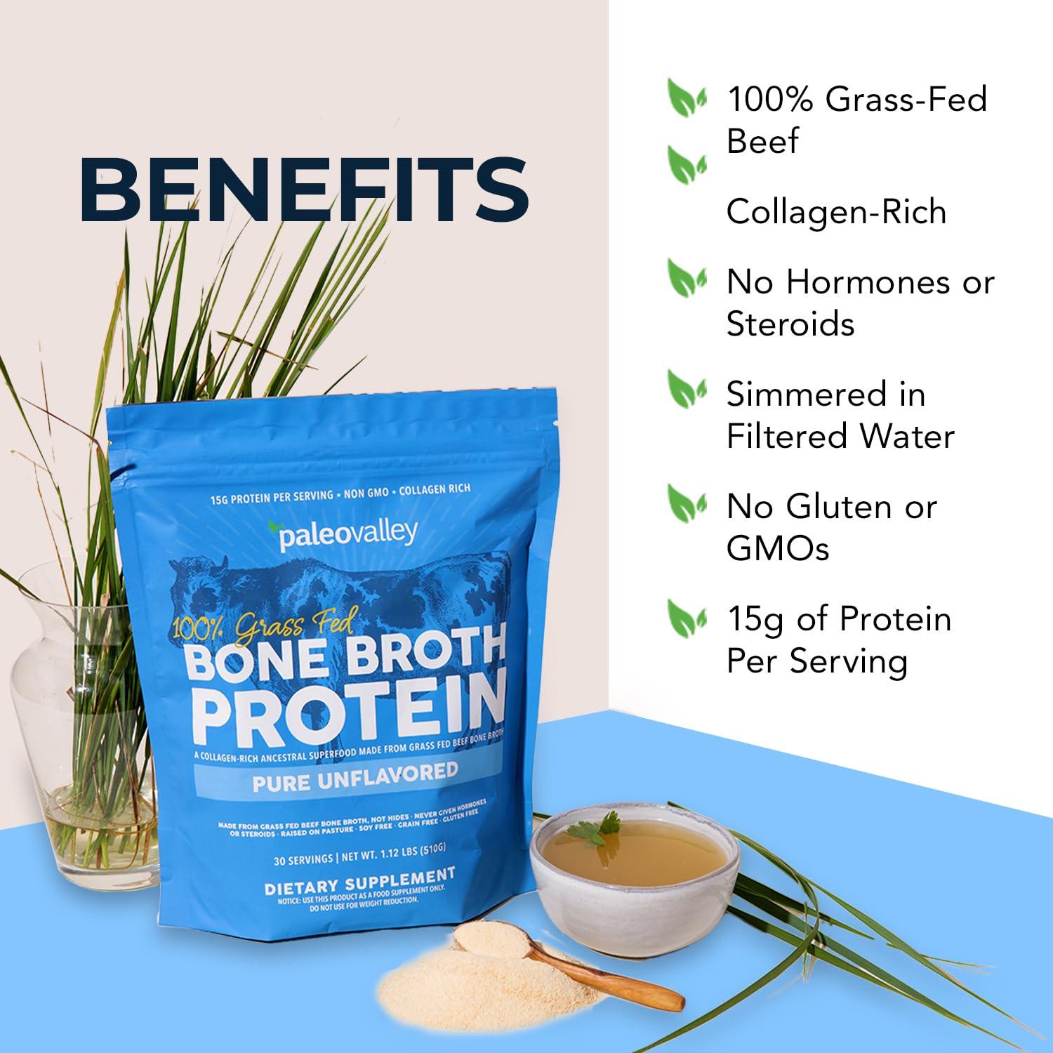 Paleovalley Paleovalley 100% Grass Fed Bone Broth Protein Powder - Chocolate - Rich in Collagen for Hair, Skin, Gut Health, Bone and Joint Support - 28 Servings