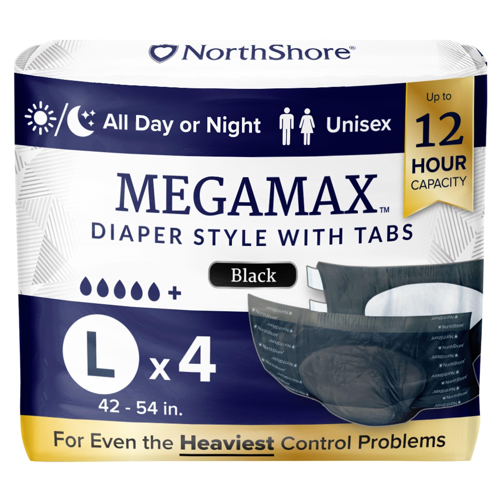 NorthShore NorthShore MegaMax Adult Overnight Diapers, 12-Hour Tab-Style, Large, 4 Count Trial, Black, 42-54 inches, Unisex Incontinence Underwear