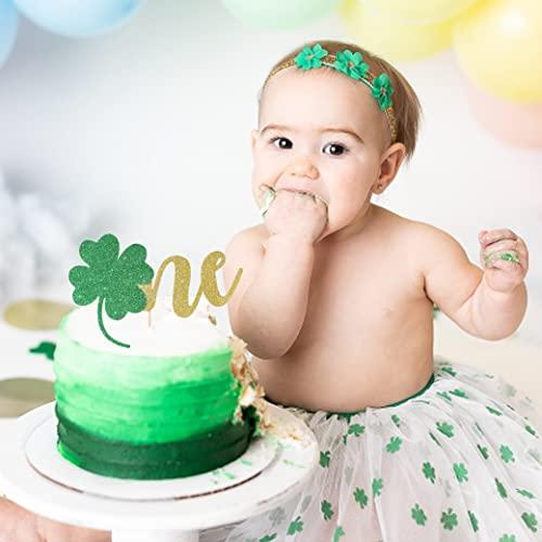 BOOMPA St Patrick’s Day Birthday Cake Topper - Lucky St Paddy’s Day Four Leaf Clover - Irish Themed Cake Decorations - Lucky 1st Happy Birthday For Gold Cake Flag - Best Photo Booth Props (ONE)