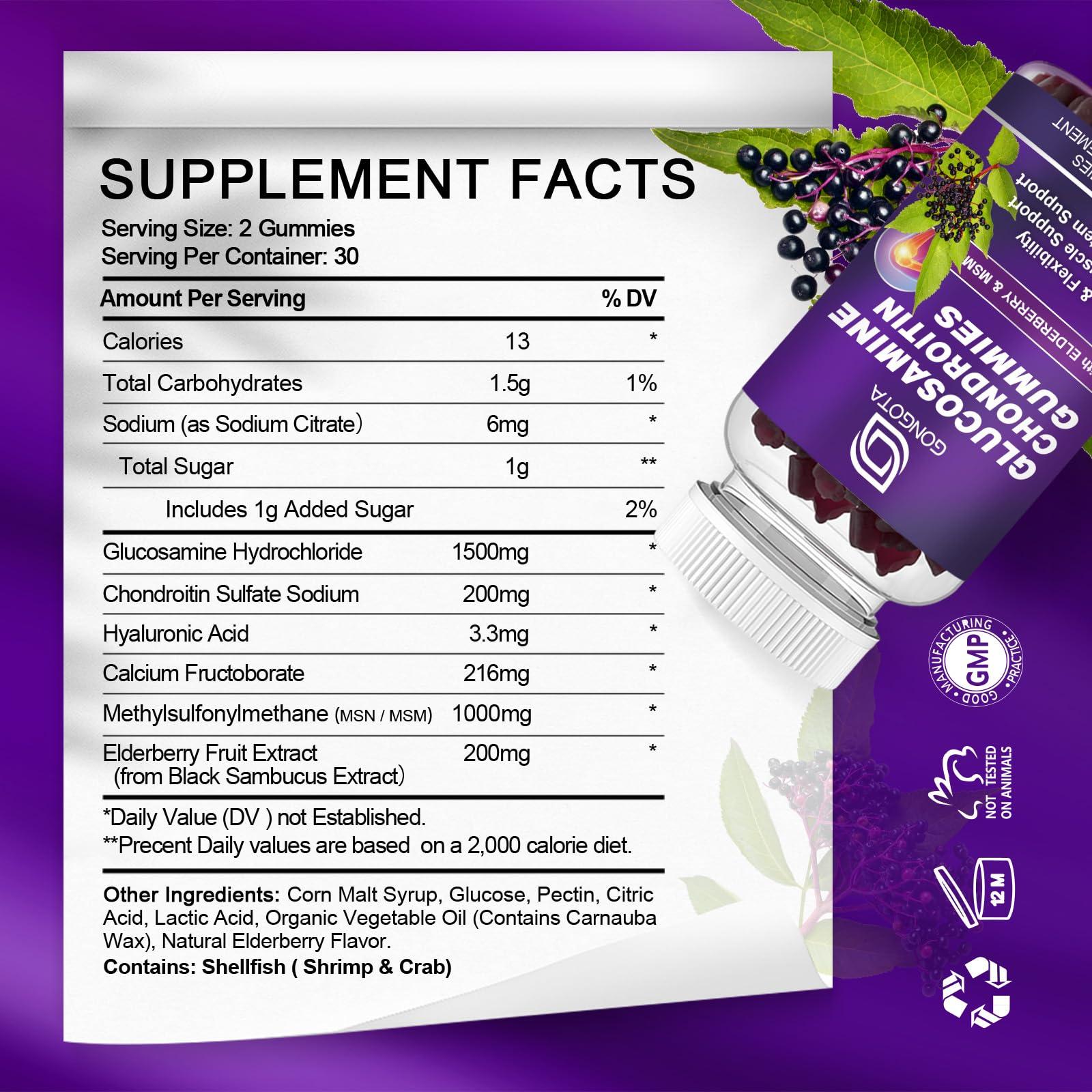 GONGOTA Glucosamine Chondroitin Gummies - 2- Pack, Extra Strength 1500mg Glucosamine with MSM & Elderberry, Joint Support Supplement, Best Cartilage & Immune Support Supplement for Men and Women - 120 count