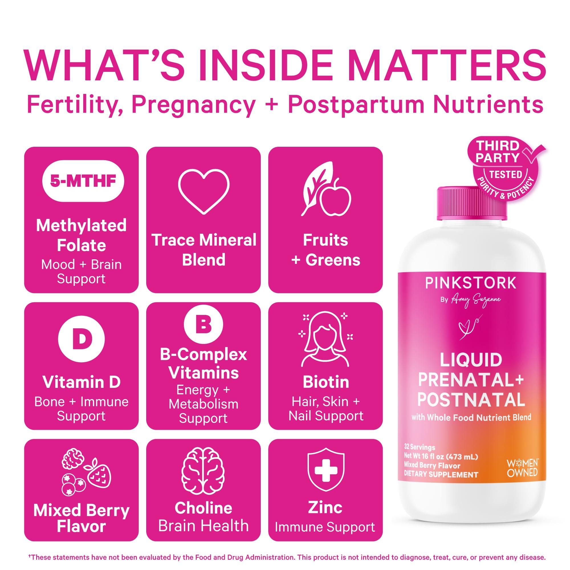 Pink Stork Pink Stork Liquid Prenatal + Postnatal Multivitamin for Women - Organic Food Blend & 18 Vitamins for Pregnant and Postpartum Breastfeeding Moms - Morning Sickness Support - 32 Servings
