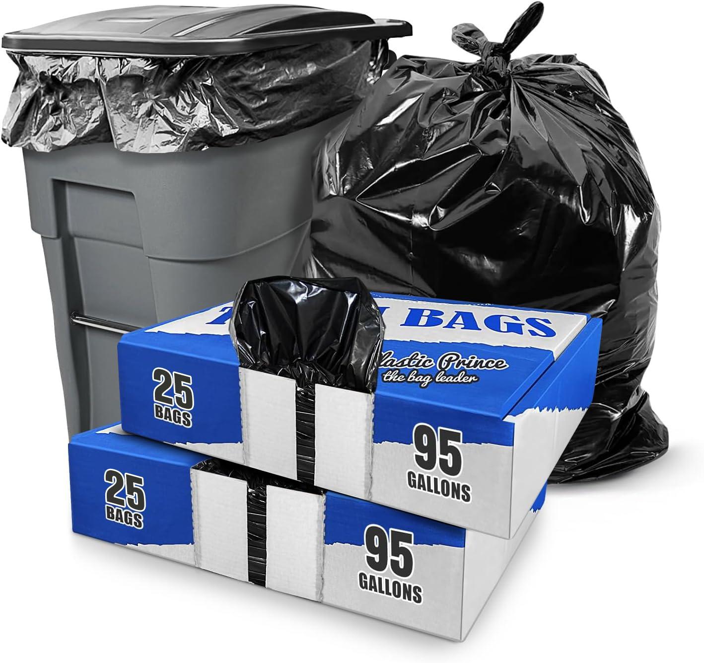 PLASTIC PRINCE 95-96 Gallon Trash Bags Heavy Duty 2 Mil 100 Pounds Extra Large Industrial Durable 90, 95, 96, 100 Gal Black Garbage Can Liners, Fits Rubbermaid Brute 95 gal Trash Cans, 61\" x 68\" (50 Pack) Bulk