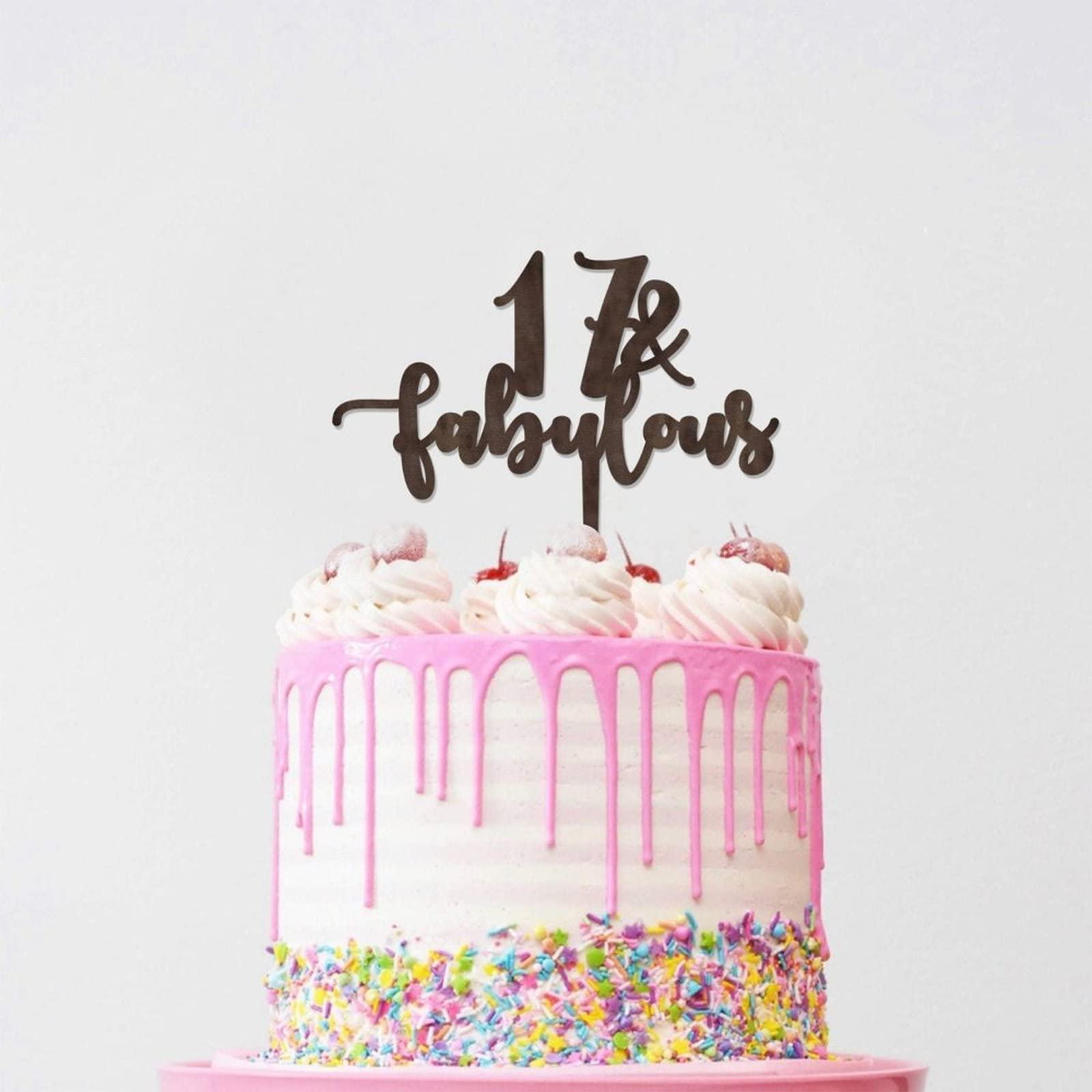 WengBeauty 17 & Fabulous Cake Toppers Brown Wood 17th Birthday Party Decorations Happy Birthday Cake Topper Customized Age Birthday Cake Decoration Birthday Cake for Birthday Party Decoration Ideas