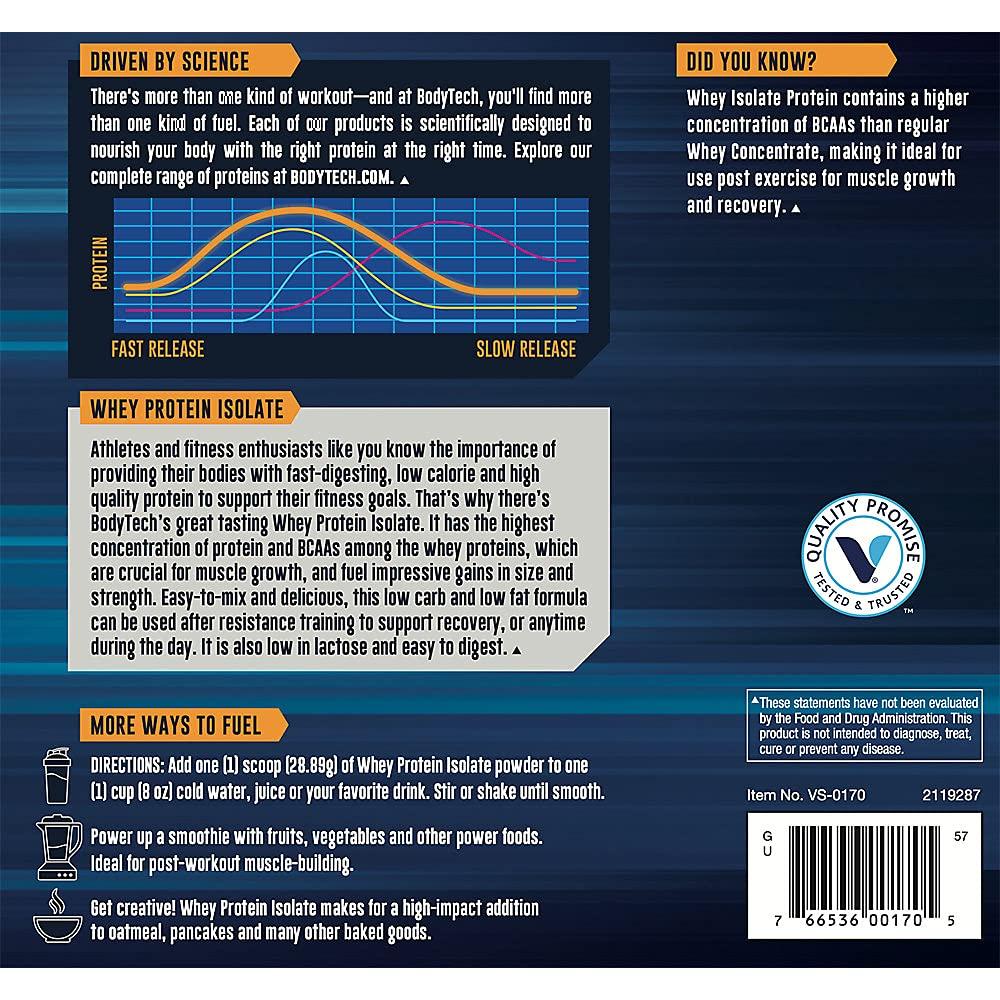 BODYTECH BODYTECH Whey Protein Isolate Powder - with 25 Grams of Protein per Serving & BCAA\'s - Ideal for Post-Workout Muscle Building & Growth, Contains Milk & Soy - Vanilla (5 Pound)