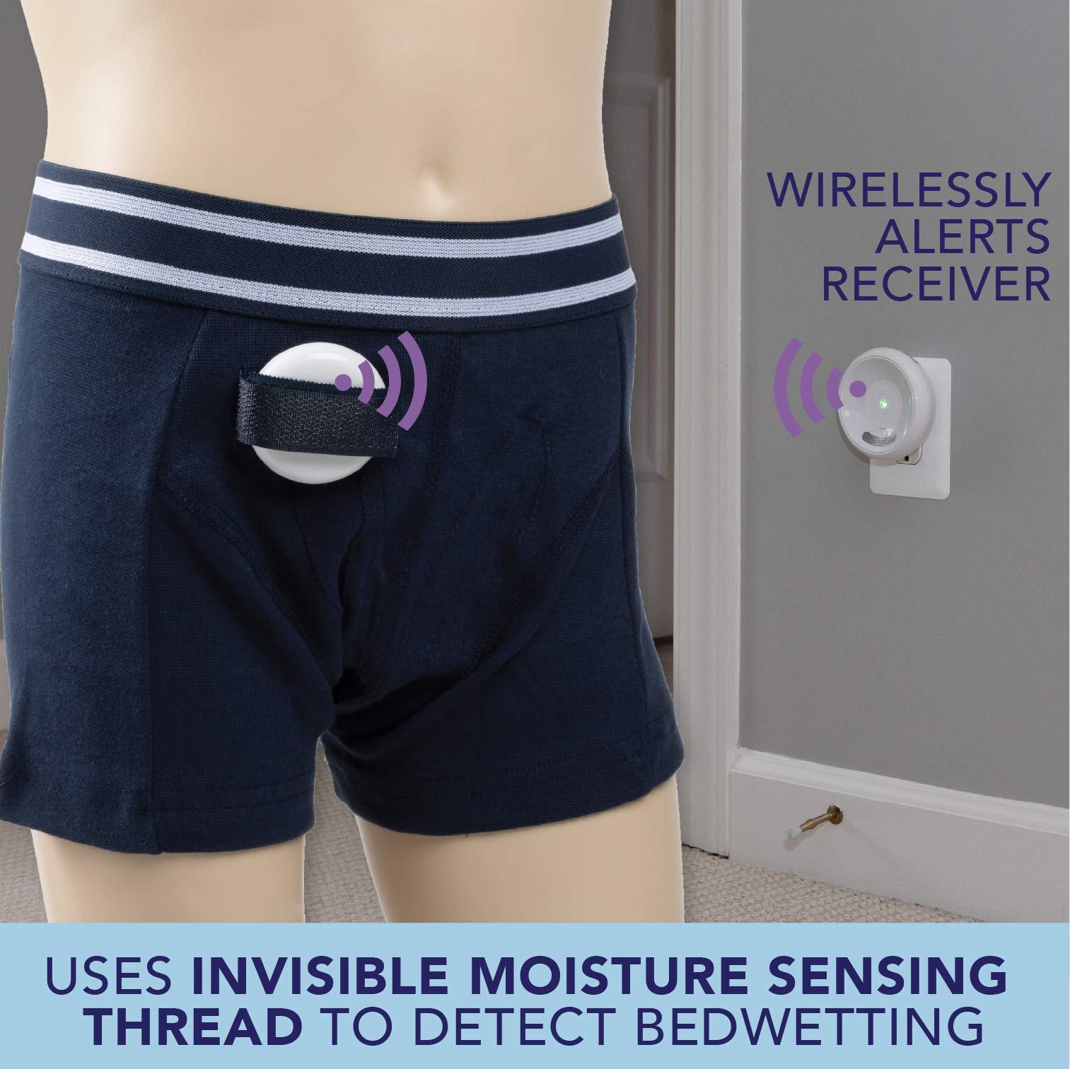 dry defender Rodger Wireless Bedwetting Alarm Kit - Bed Wetting System for Kids - Two Moisture Sensing Briefs, Waterproof Bed Pad, Guide Book, Free Mobile App - Child, Navy, Medium