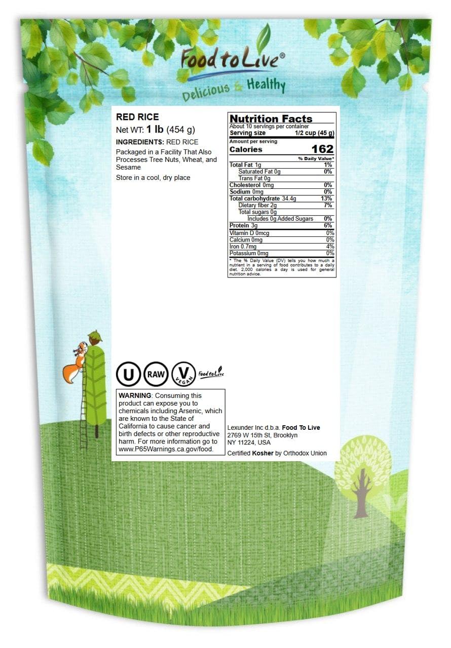Food to Live Food to Live Red Rice, 1 Pound Whole Rice, Nutty Flavor, Soft Texture, Non-Sticky, Vegan. Good Source of Protein and Antioxidants. Perfect for Pilafs, Salads, Stir-Fries and Rice Bowls