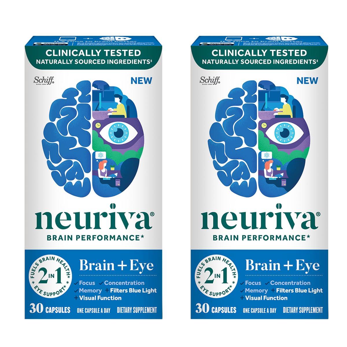 NEURIVA NEURIVA Brain + Eye Supplement for Memory, Focus & Concentration with Clinically Tested Lutein and Zeaxanthin, Vitamins A C & E + Zinc for Eye Health & Filter Blue Light 30 Count Capsules (2 Pack)
