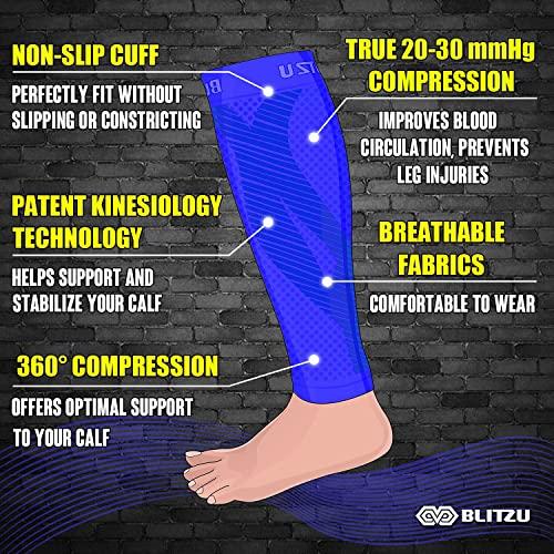 BLITZU BLITZU 3 Pairs Calf Compression Sleeves for Women and Men Size XXL, One Blue, One Black, One White Calf Sleeve, Leg Compression Sleeve for Calf Pain and Shin Splints. Footless Compression Socks.