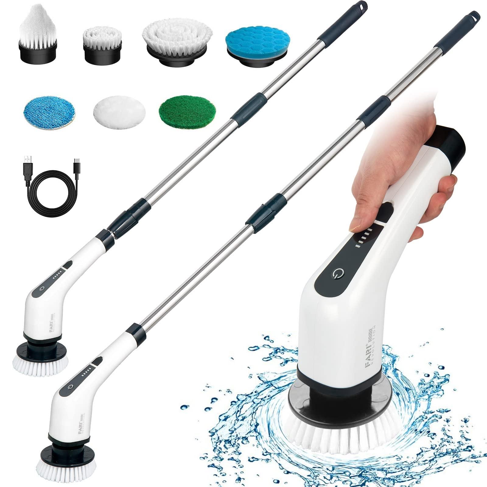FARI Electric Spin Scrubber, FARI Cordless Cleaning Brush with 7 Replaceable Brush Heads, Tub and Floor Tile 360 Power Scrubber Mop with Adjustable Handle for Bathroom Kitchen Car (White)