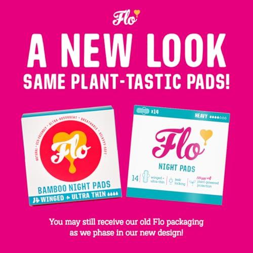FLO FLO Organic Bamboo Period Pads for Women, Biodegradable, Winged, Feminine Care, Organic Menstrual Products, Plant-Based, Plastic-Free, Sanitary Napkins, Night Pads, Black-Owned, Compostable,14 Count