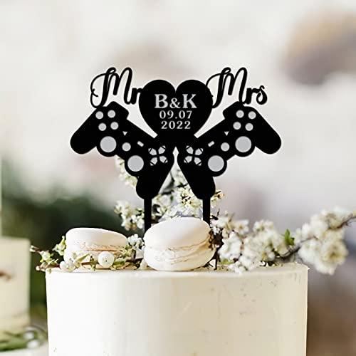 Sxaqcup Gamer Wedding Cake Topper, Game Console Cake Topper, Game Controller Silhouette Topper, Custom Initi Rustic Gift Wedding Engagement Anniversary Cake Decorations Party Favors.
