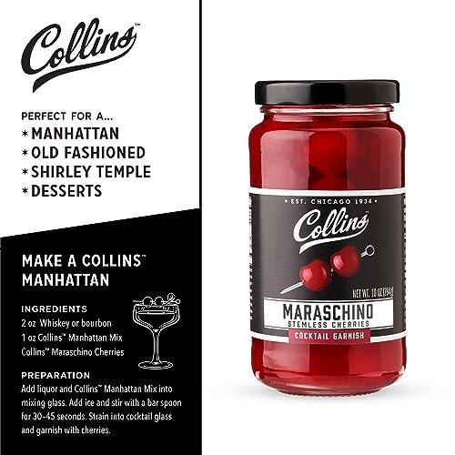 Collins Collins Stemless Maraschino Cherries, Garnish for Cocktails, Desserts, Manhattans, and Old Fashioned, Gourmet Snacking Cherries for Home and Bar, 10oz