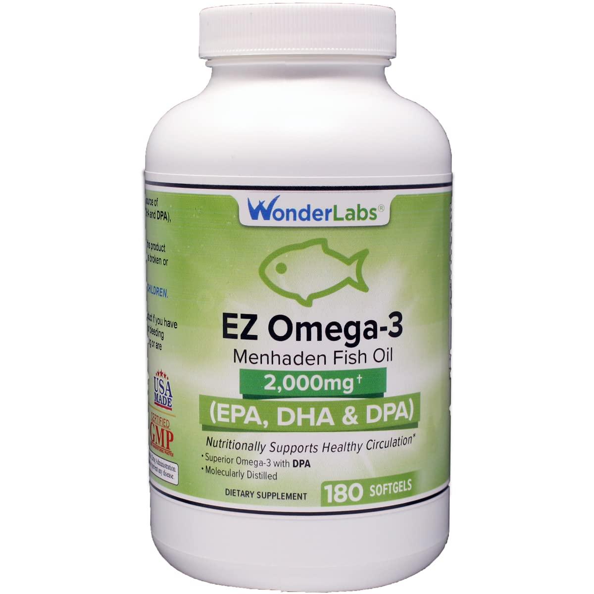 Wonder Laboratories Wonder Laboratories EZ Omega-3 Atlantic Menhaden Fish Oil Supplement 2000 mg, Burpless, Made in The USA, Perfect Balance of EPA+ DHA + DPA 180 Softgels