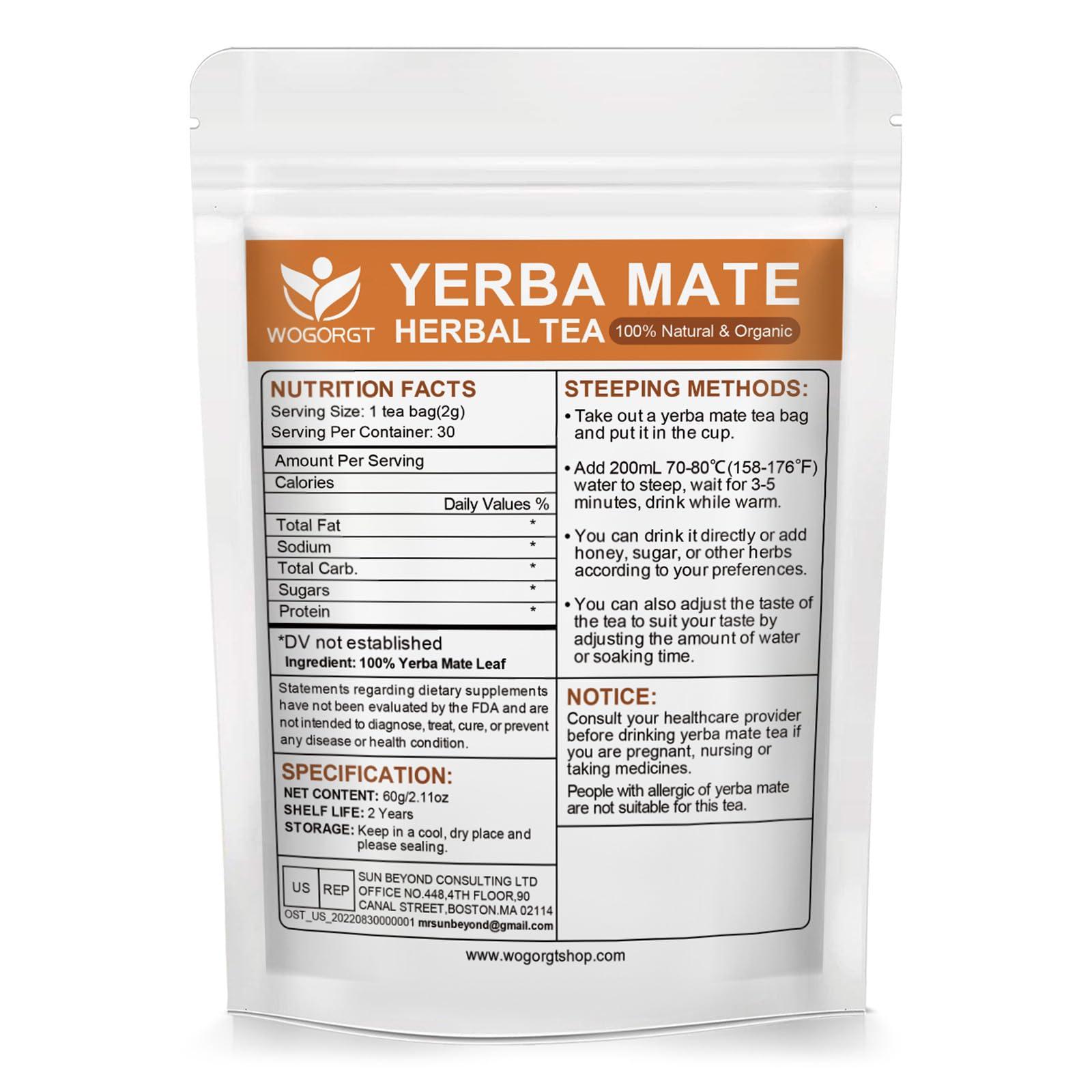 WOGORGT Yerba Mate Tea - Yerba Mate Herbal Supplement, Yerba Mate Leaf Tea Bags for Antioxidant, Detox, Digestion and Immune Support, Boost Energy - 30 Tea Bags